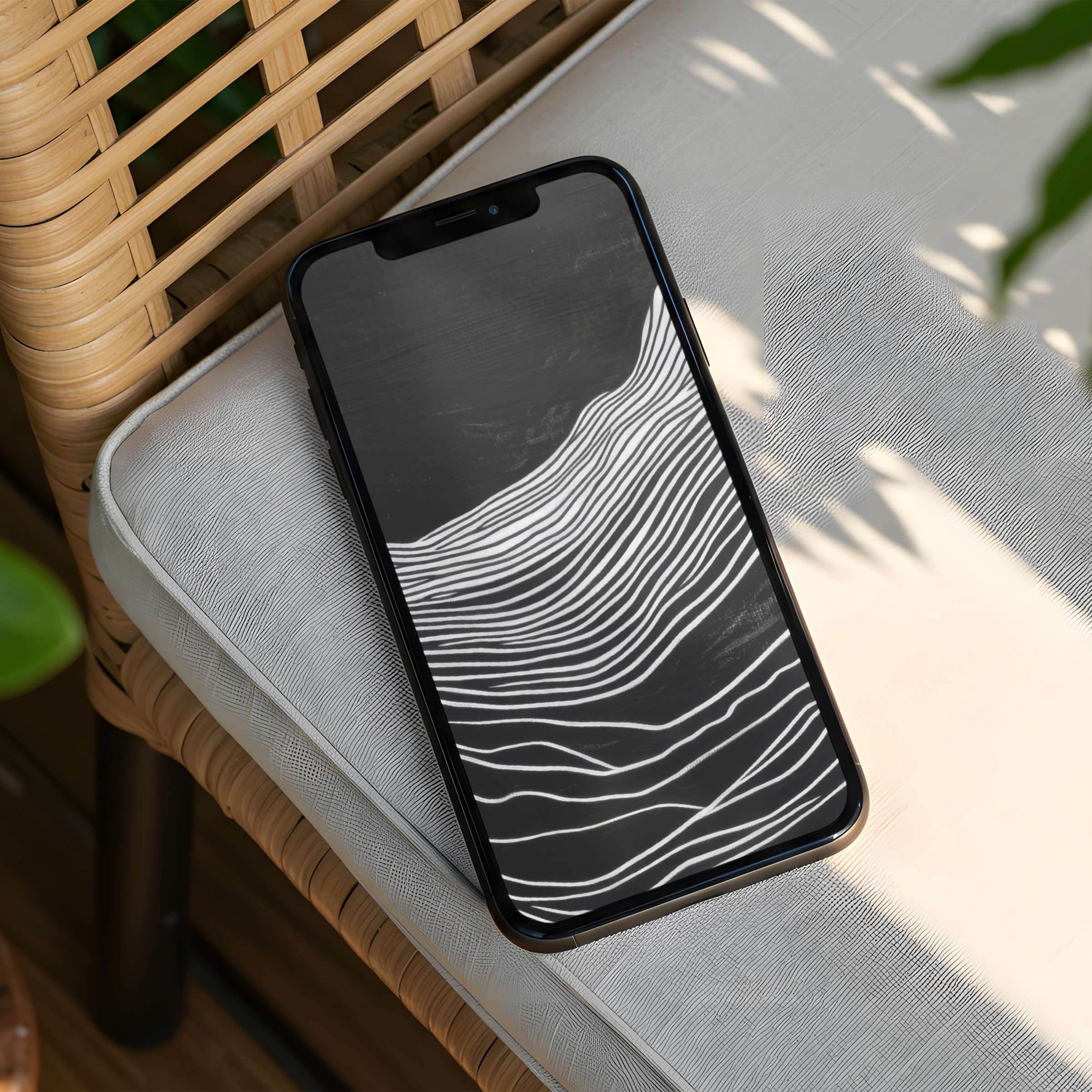 Elegant black and white abstract iPhone background with serene lines on a phone offers instant download for mindful inspiration