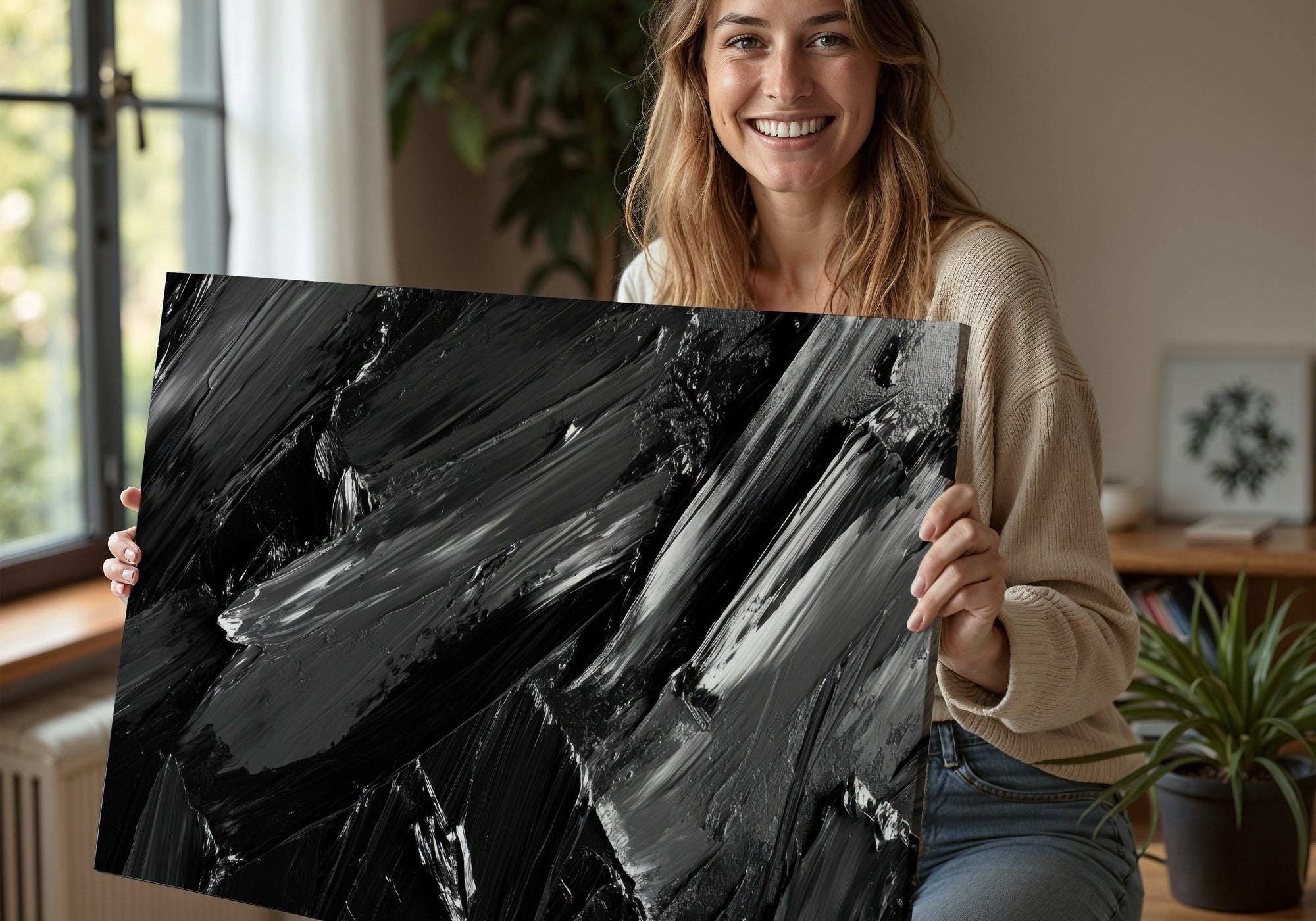 Smiling woman holding an abstract black and white textured artwork, showcasing bold brushstrokes and modern minimalist design, styled in a cozy home interior