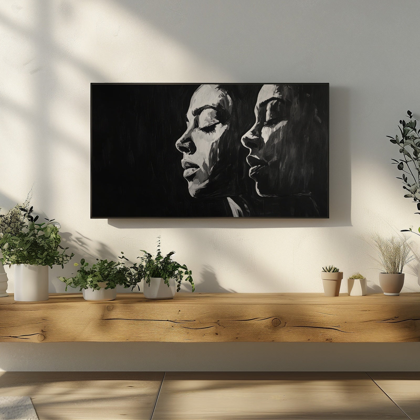 Black and white female portrait art displayed on Samsung Frame TV in a modern calming living room with natural light and minimalist decor