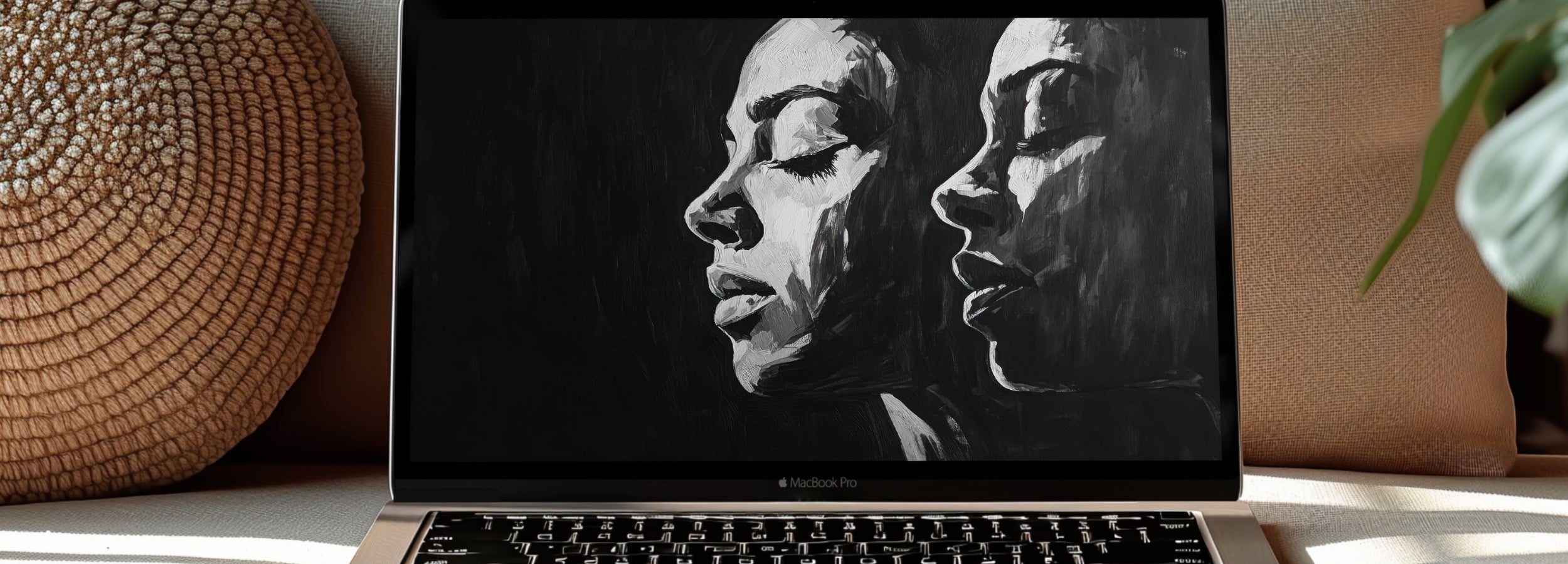 Black and white desktop wallpaper featuring an expressive dual portrait painting, blending light and shadow to create a modern, minimalist, and emotional workspace aesthetic