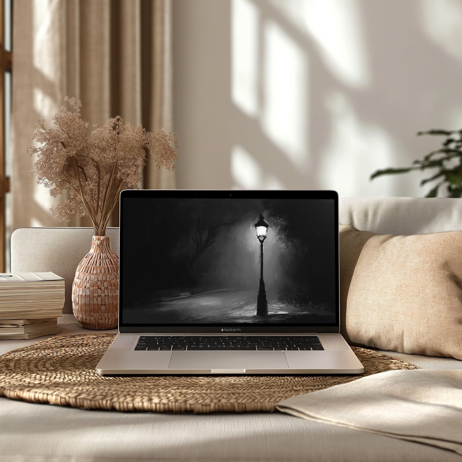 Black and white desktop wallpaper depicting a glowing street lamp in a misty night scene - a moody, cinematic composition that adds quiet elegance and contrast to your digital workspace.