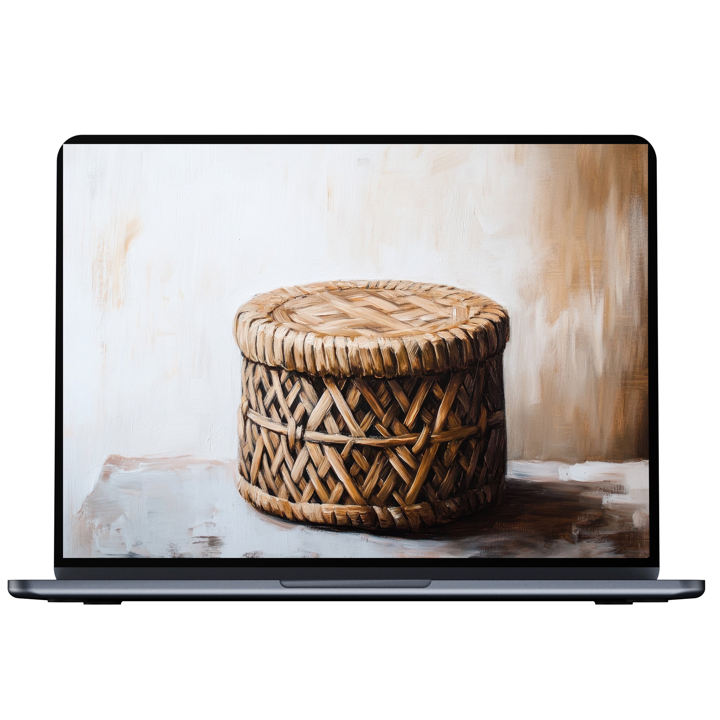 Boho desktop wallpaper showcasing a woven basket on a neutral background offers digital download for PC, Laptop, Mac users seeking calm inspiration
