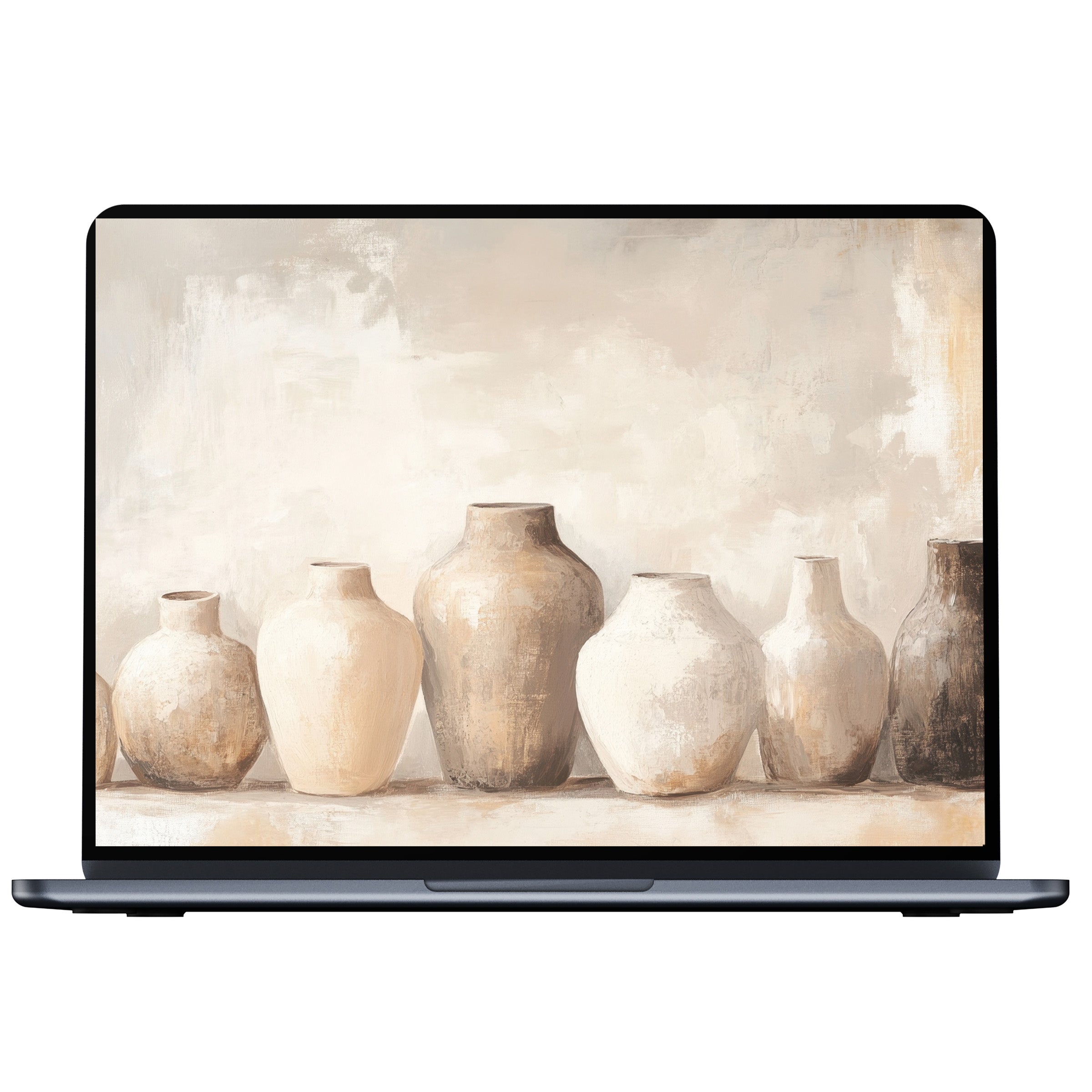 Neutral-toned boho desktop wallpaper for PC and laptop with earthy vases evokes mindful elegance digital download art piece