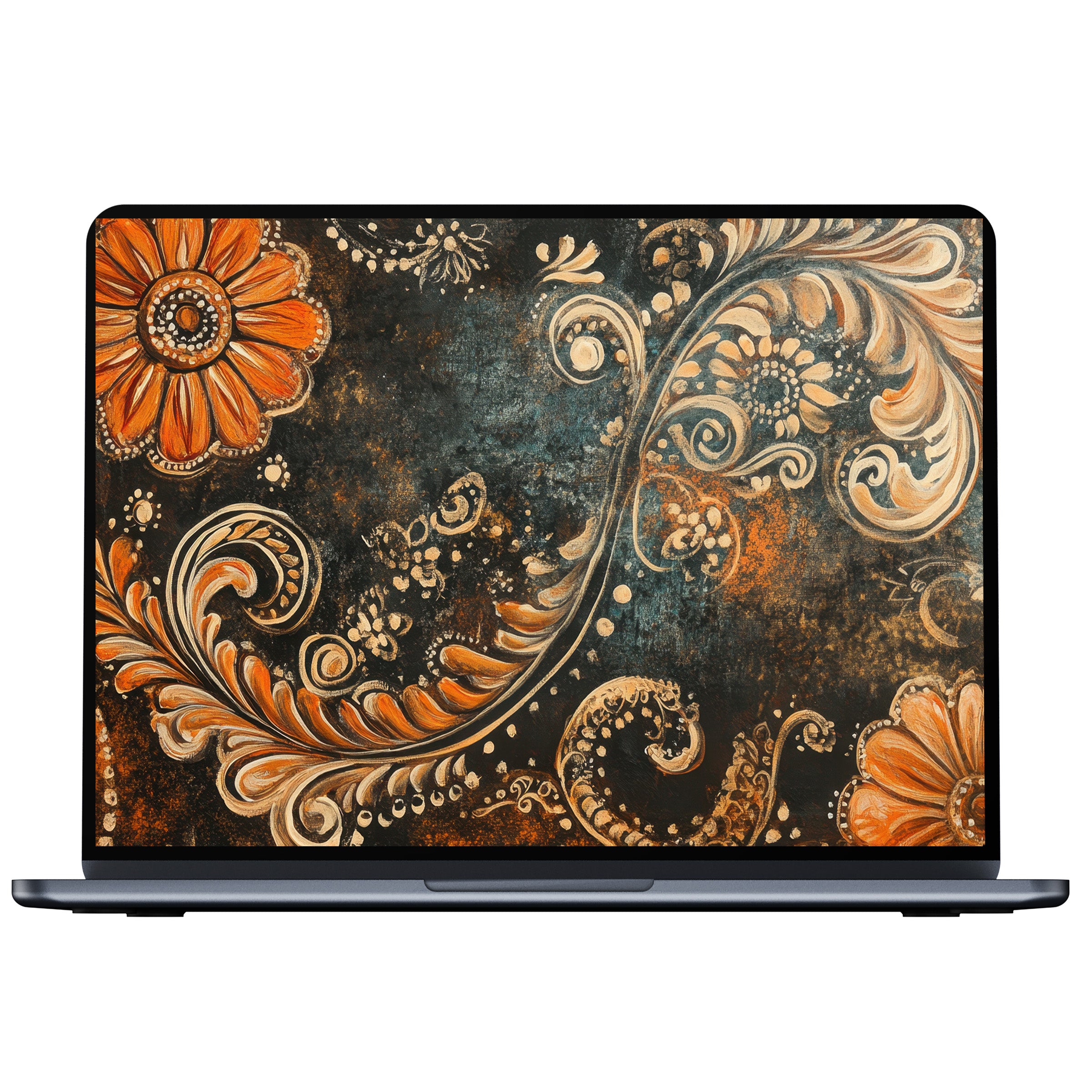 Elegant boho desktop wallpaper in rich orange and brown swirls offers a calming digital download for PC and laptop screens