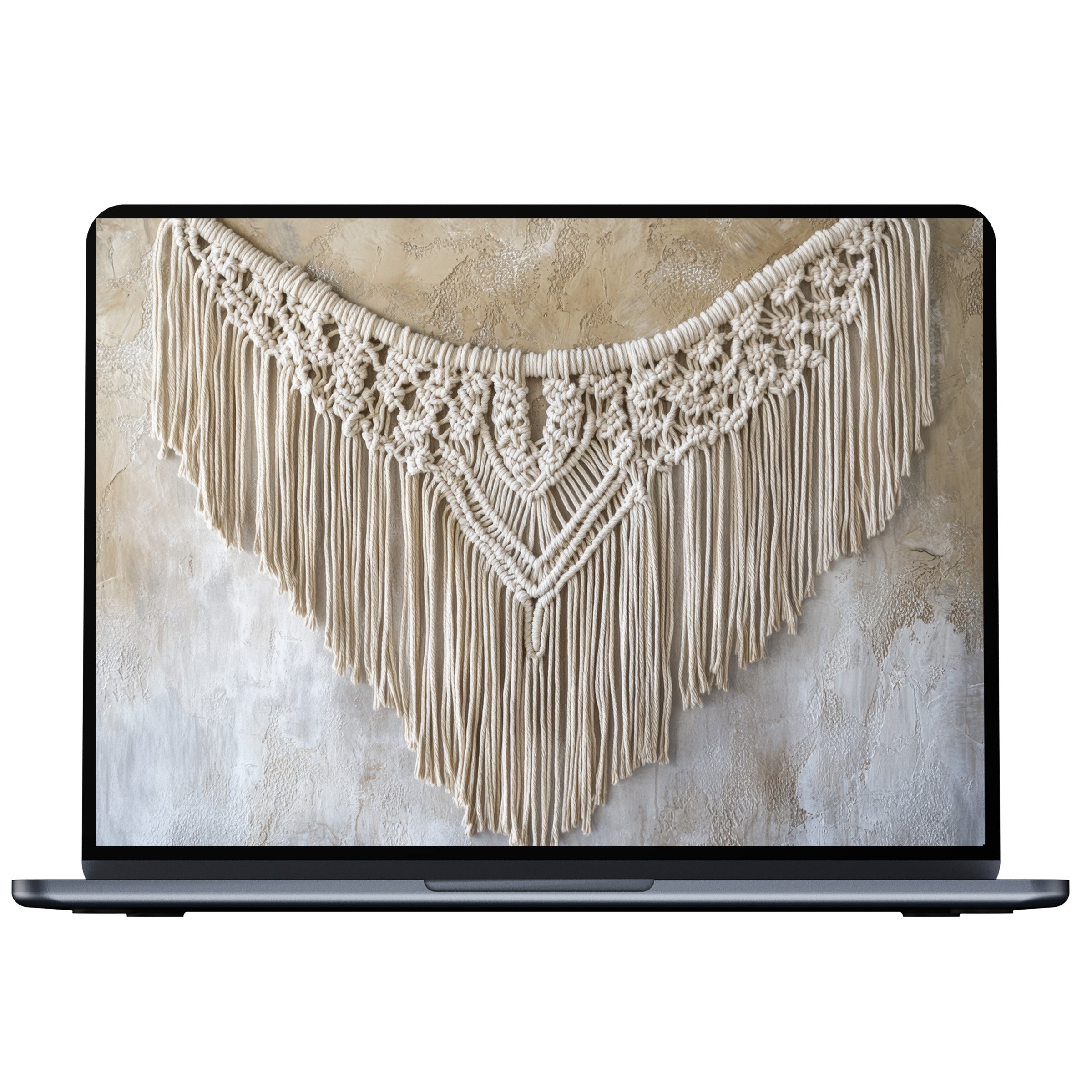 Boho desktop wallpaper featuring elegant macramé art against textured background offers calm inspiration for PC or laptop digital download