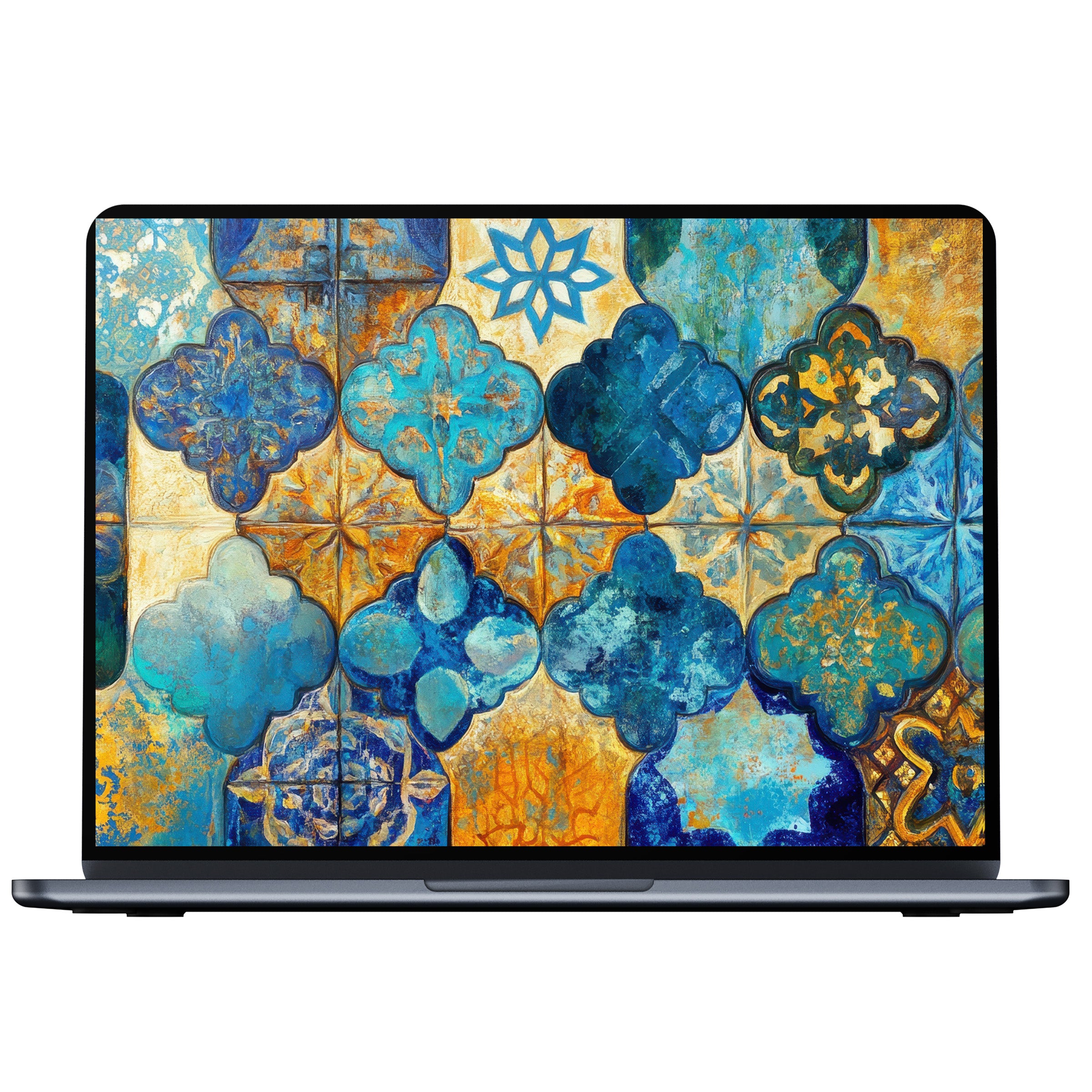 Vibrant boho desktop wallpaper with blue and gold tiles for digital download adding elegance to any PC, laptop, or Mac screen