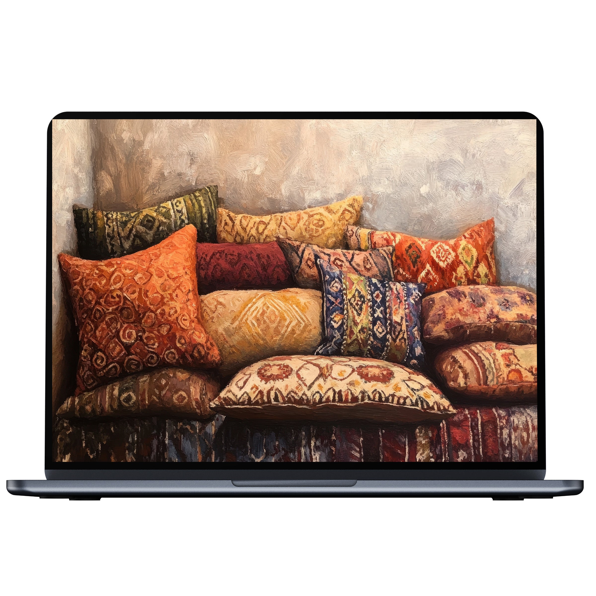 Boho desktop wallpaper digital download featuring warm-toned artistic cushions evokes calm and elegance perfect for PC and laptop screens