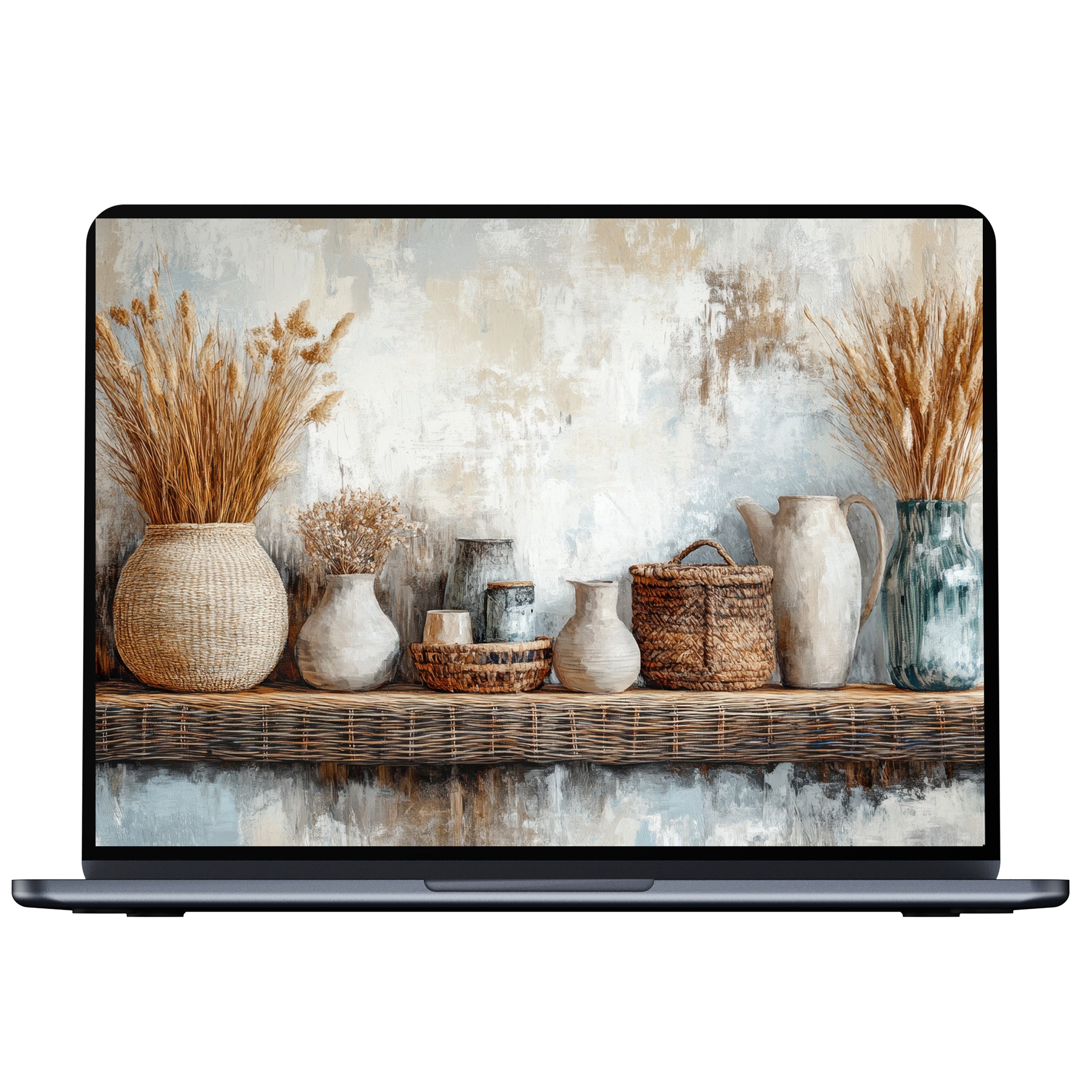 Boho desktop wallpaper digital download featuring earthy tones and rustic pottery offers elegant calm for PC, laptop, or Mac users
