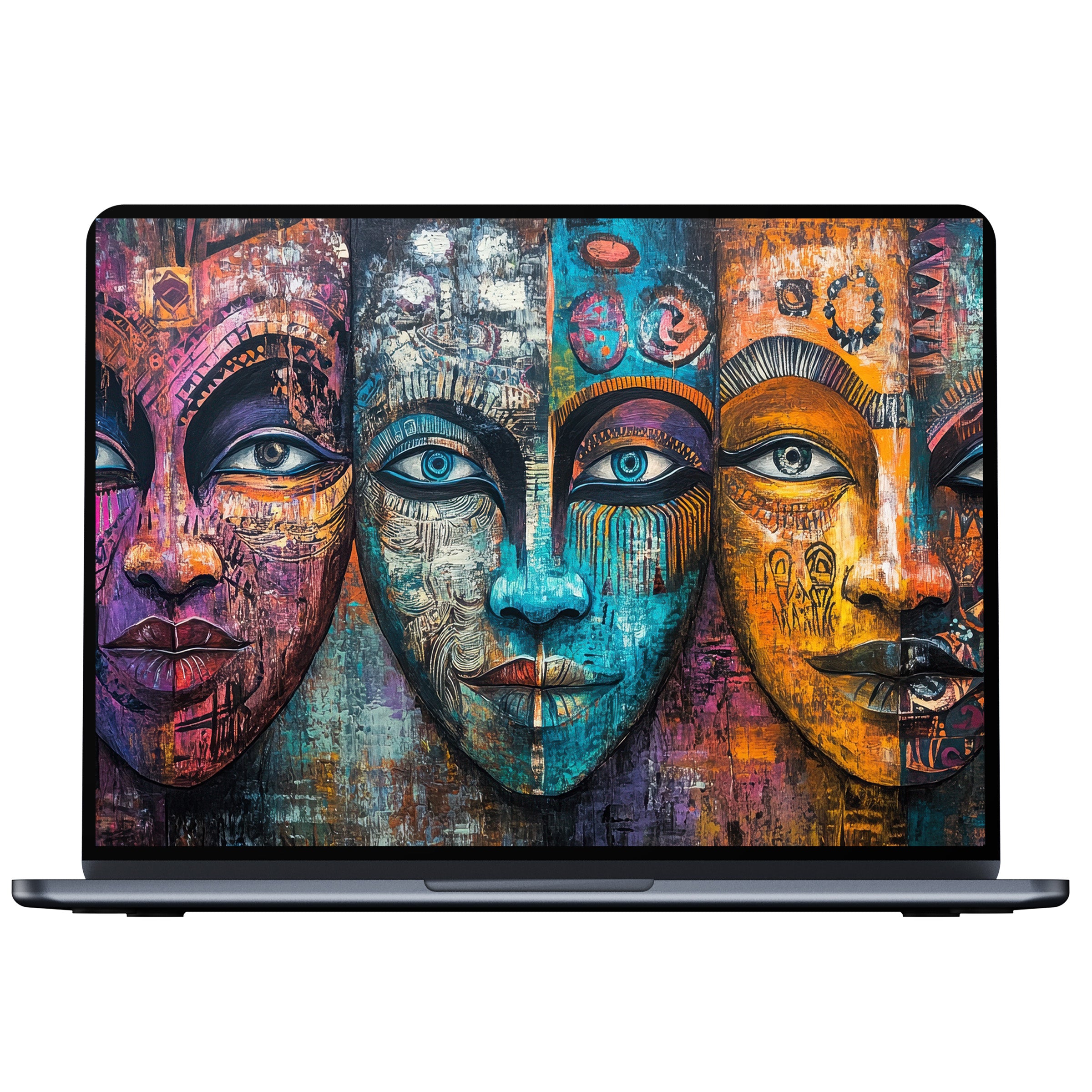 Boho desktop wallpaper for PC or laptop featuring vibrant abstract faces in earthy tones offering calm digital download inspiration