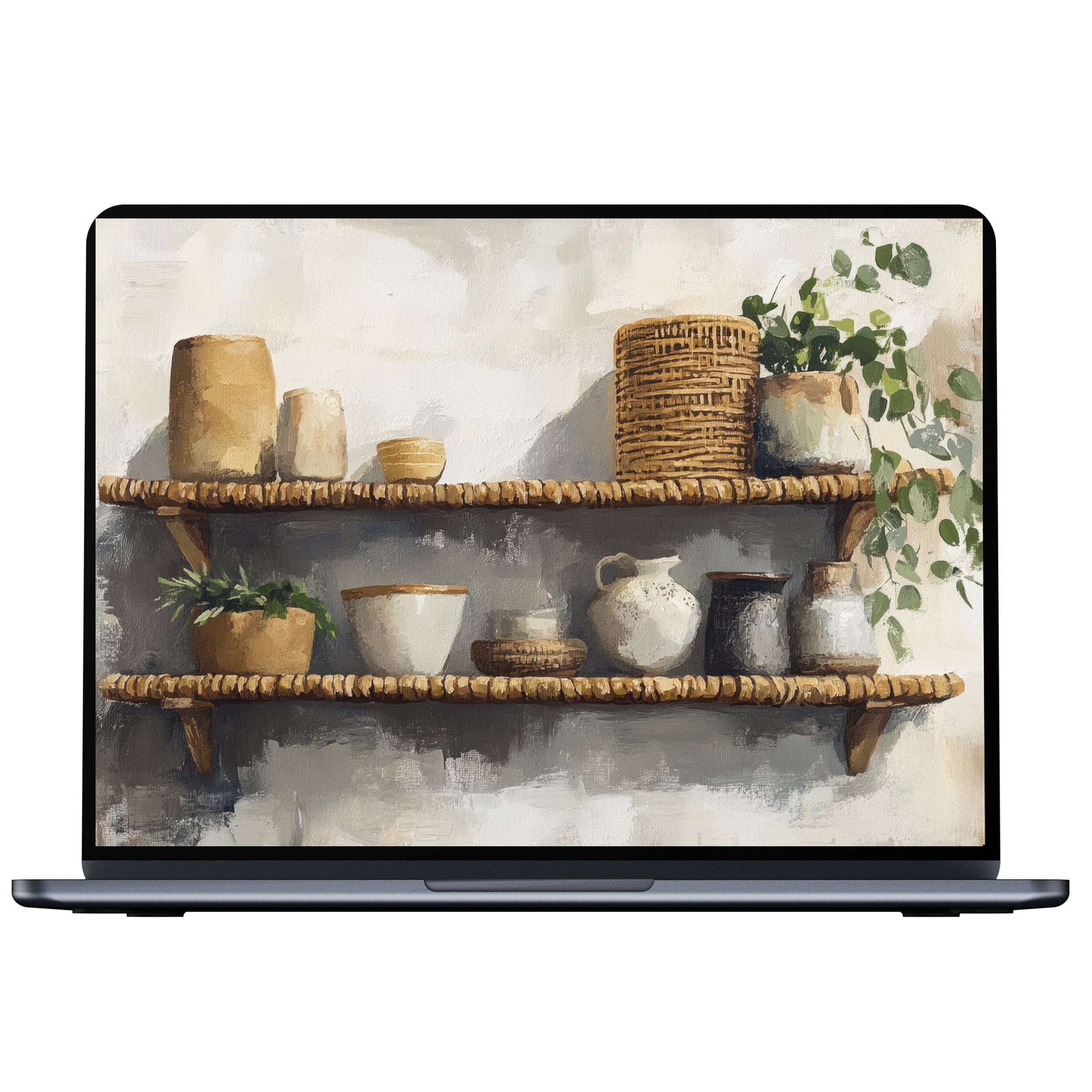 Boho desktop wallpaper featuring earthy tones and rustic shelves evokes calm and elegance perfect for digital download on PC or laptop