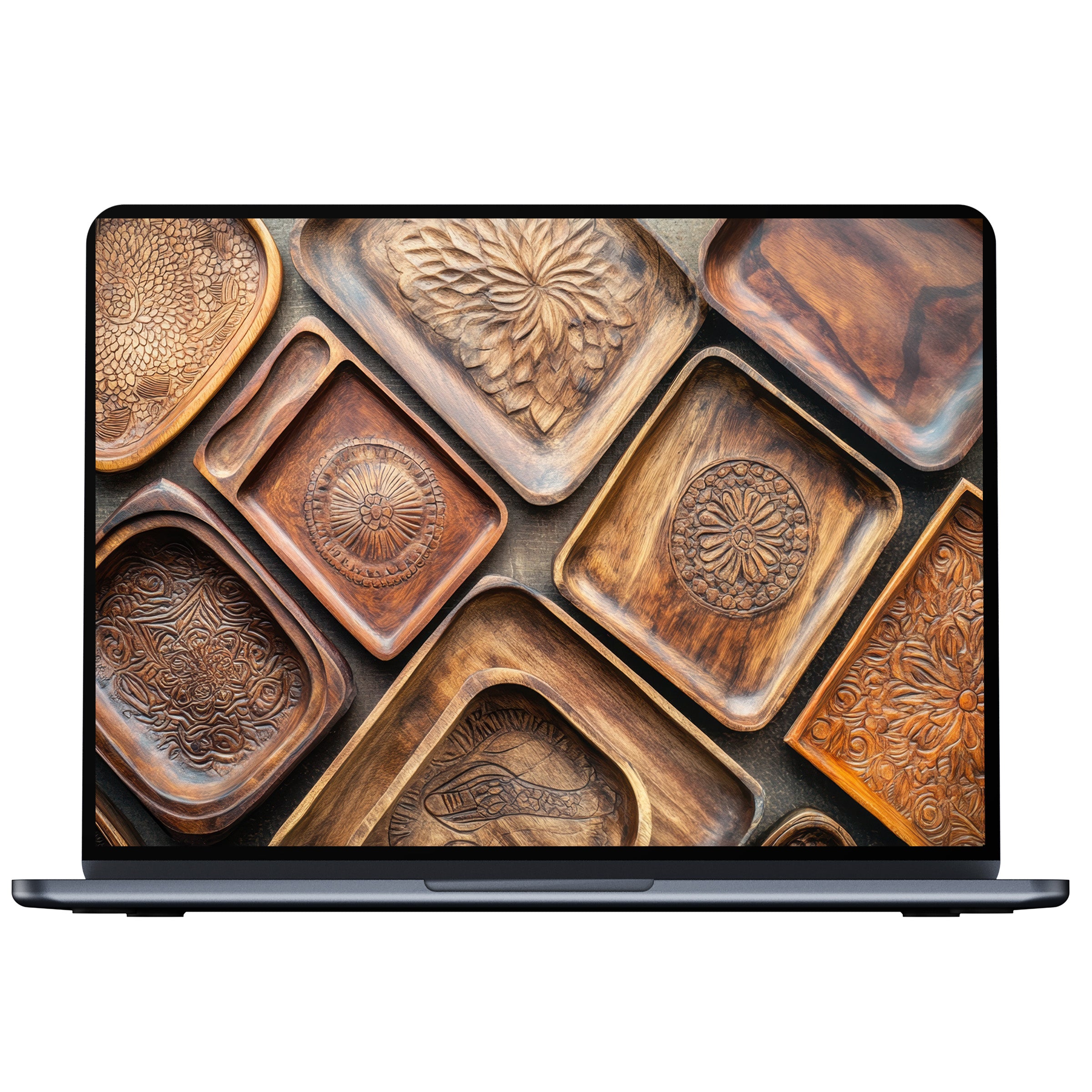 Boho desktop wallpaper digital download with earthy carved wood patterns evokes calm elegance on PC or Laptop screens