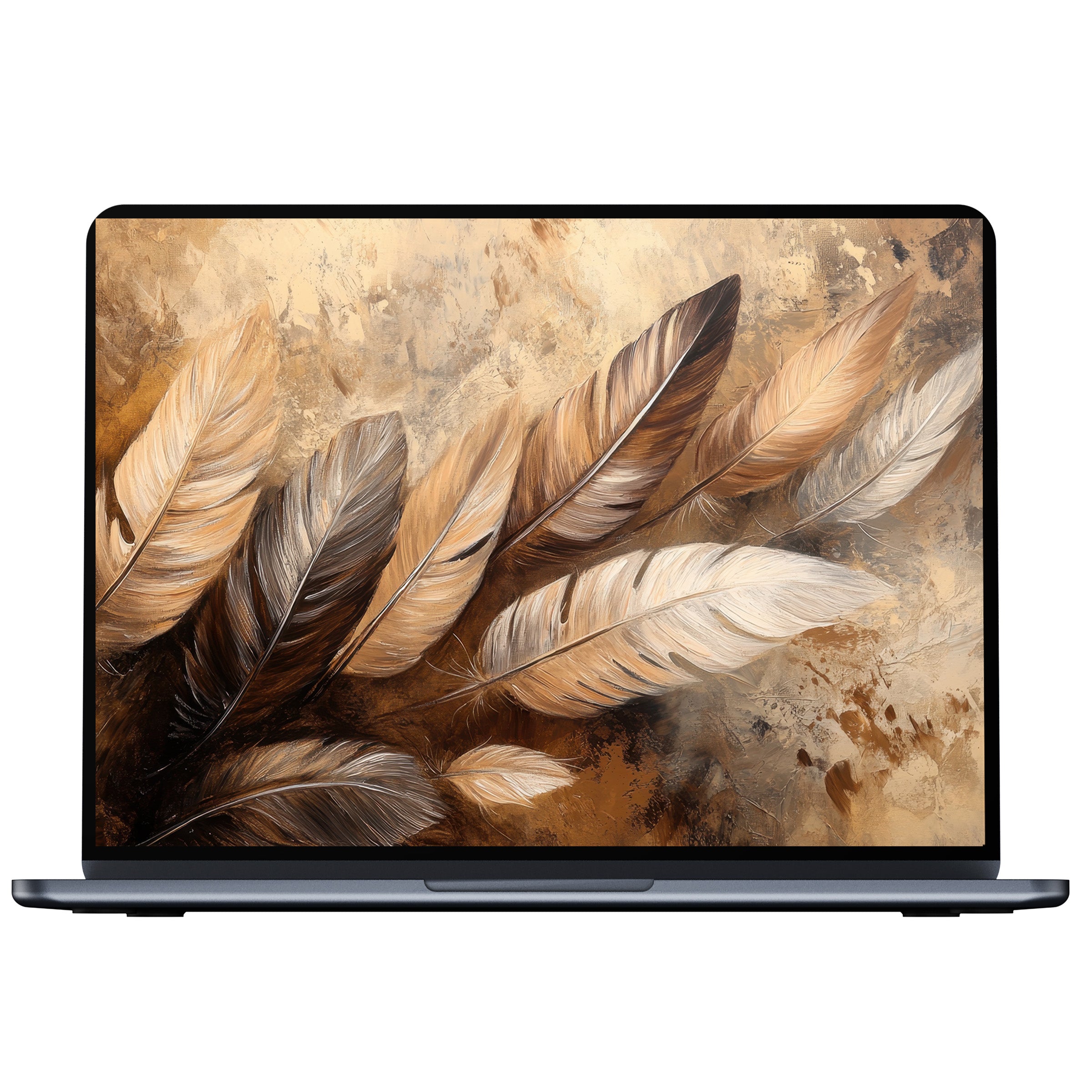 Elegant boho desktop wallpaper with feather design in earth tones for digital download fits PC, laptop, and Mac screens