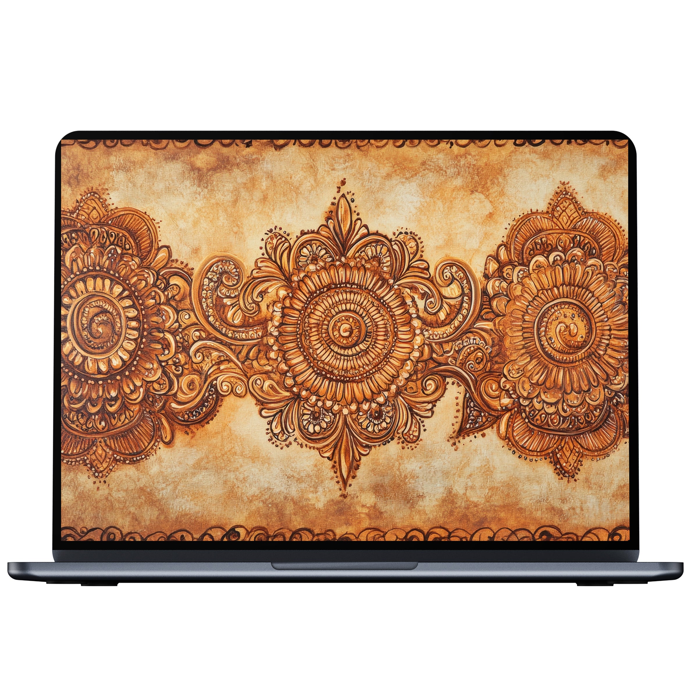 Elegant boho desktop wallpaper featuring intricate mandala designs in warm earth tones digital download for PC and laptop screens