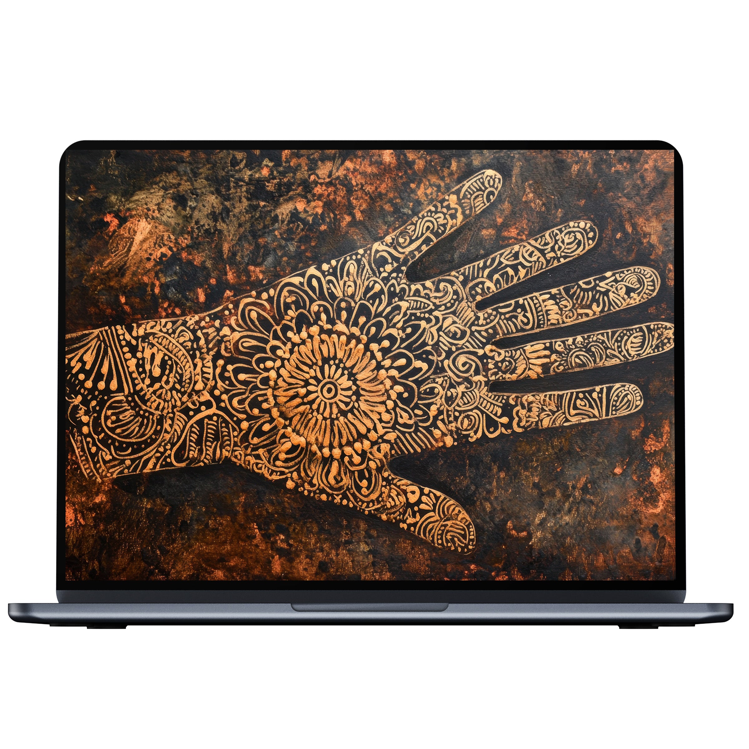 Elegant boho desktop wallpaper featuring intricate henna hand art in earthy tones digital download ideal for PC laptop Mac