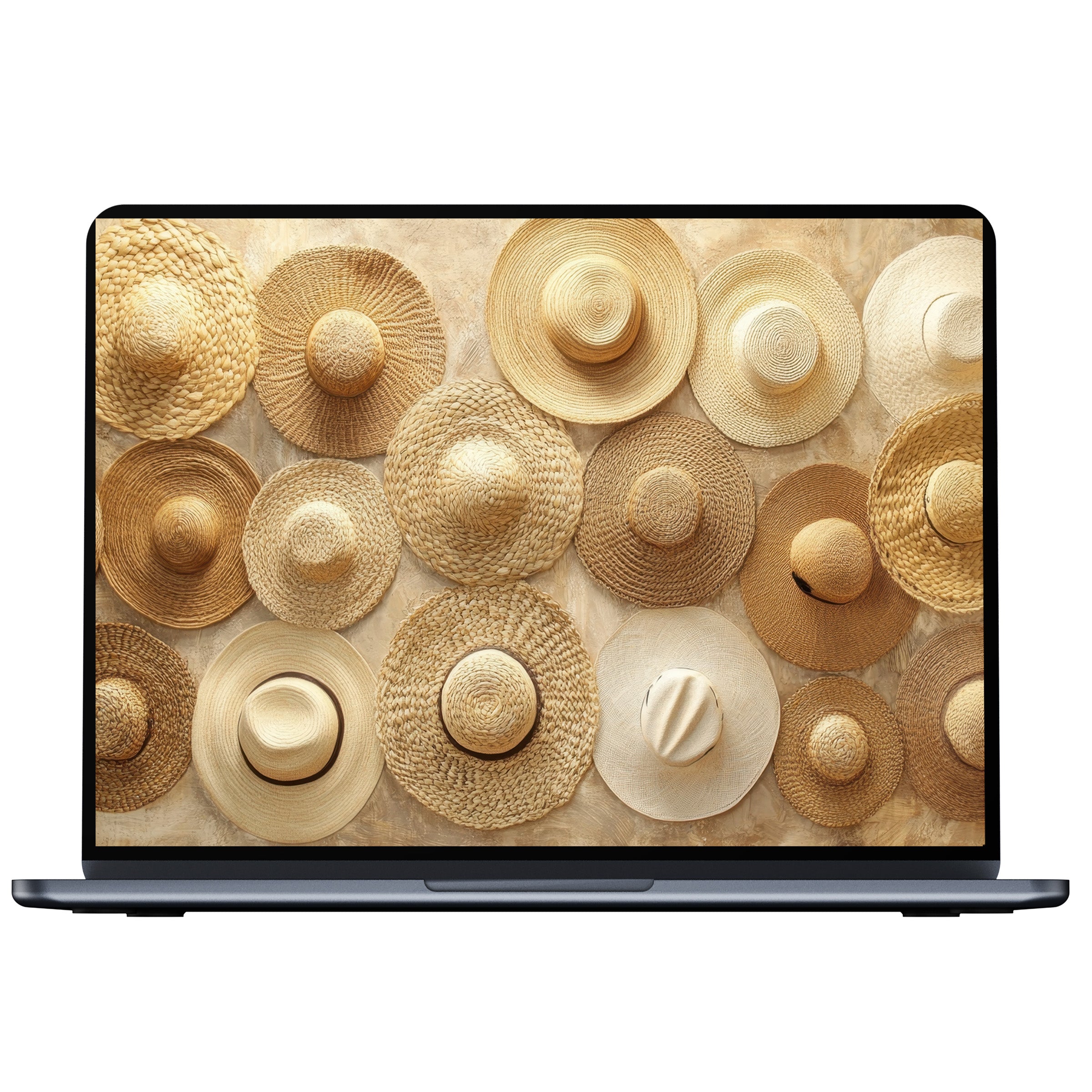 Boho desktop wallpaper featuring a serene, earthy collection of straw hats offers elegant inspiration for PC, Laptop, and Mac users digital download