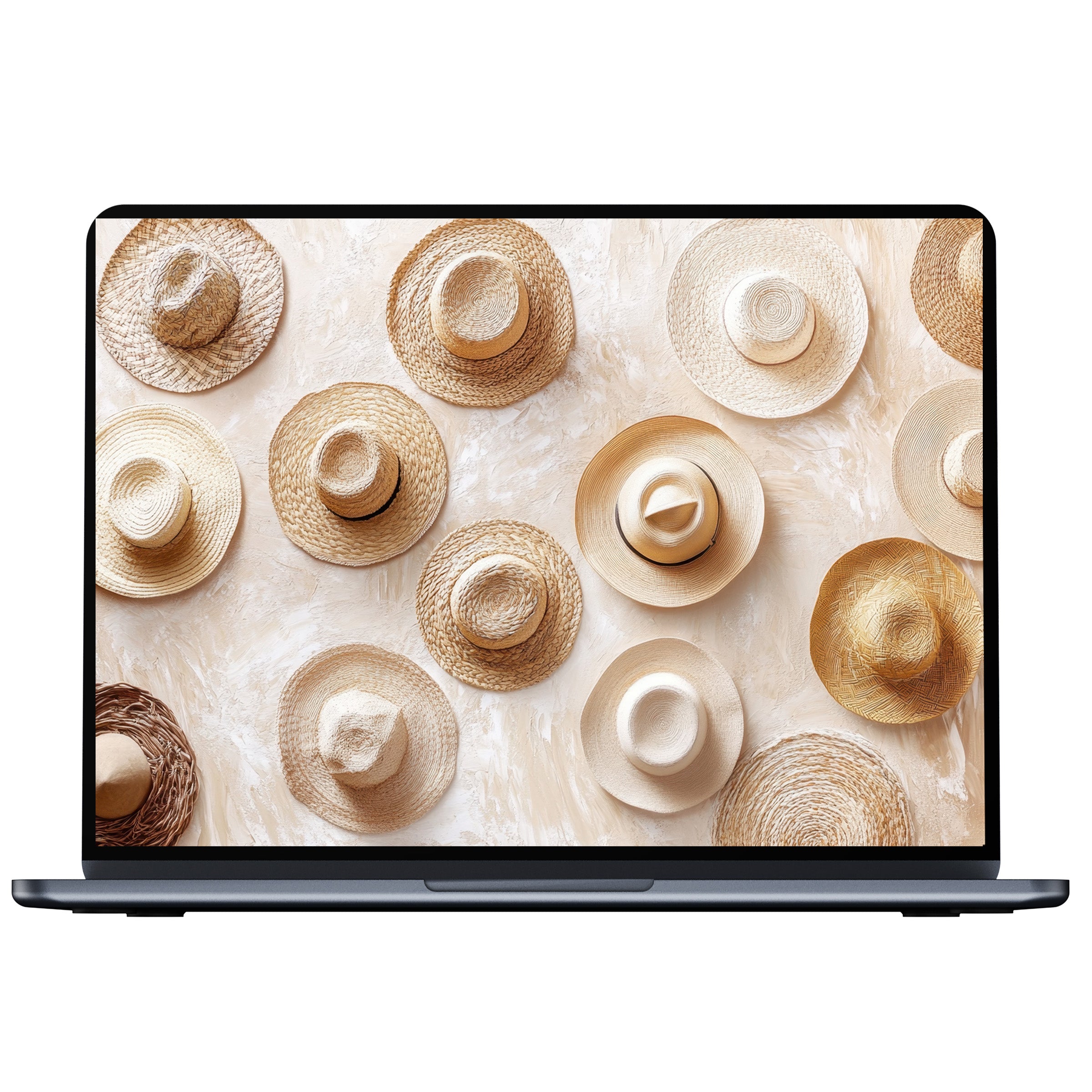 Boho desktop wallpaper featuring woven hats on beige offers calm inspiration, perfect for PC and laptop digital downloads