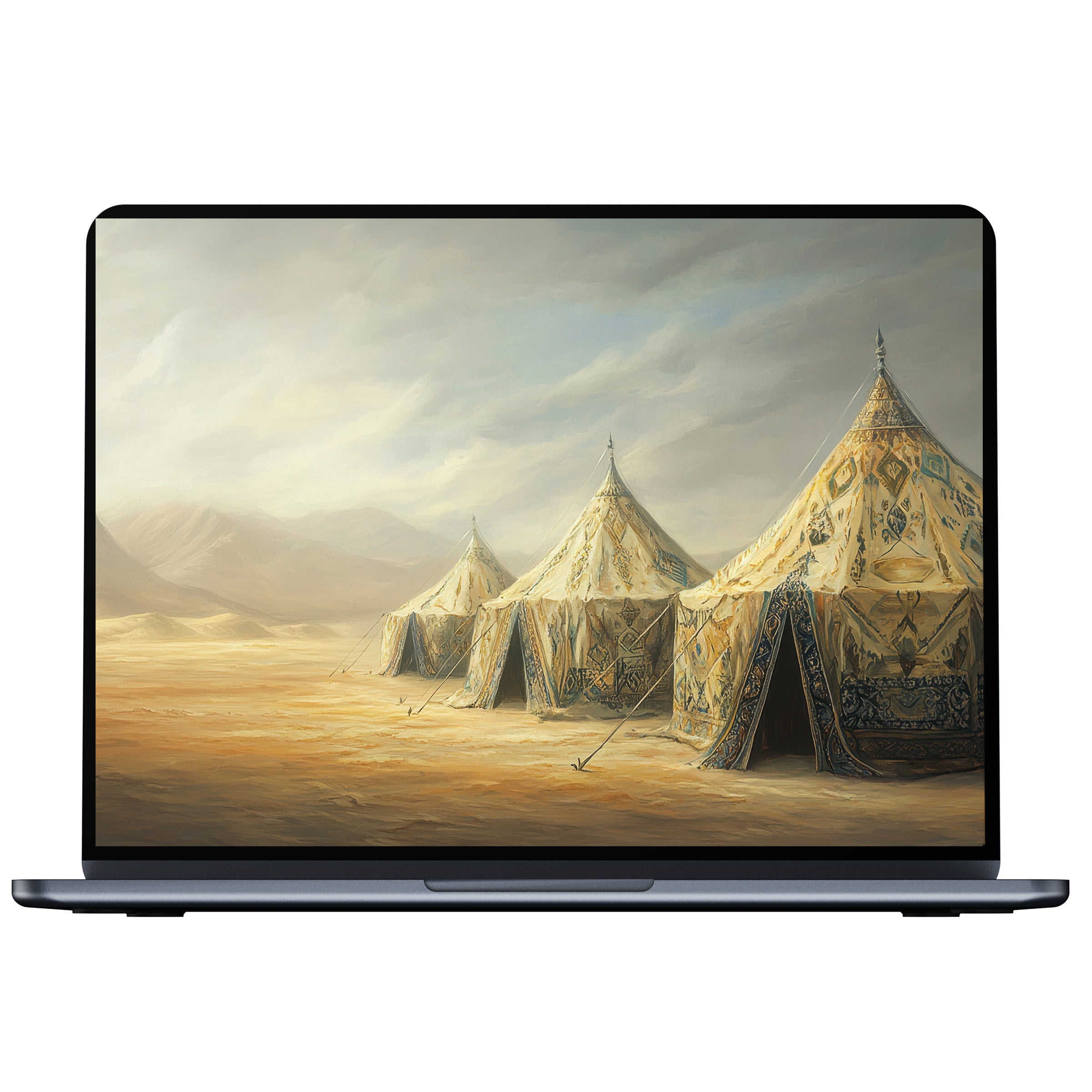 Boho desktop wallpaper featuring serene desert tents with earthy tones digital download for PC, Laptop, and Mac offering calm elegance