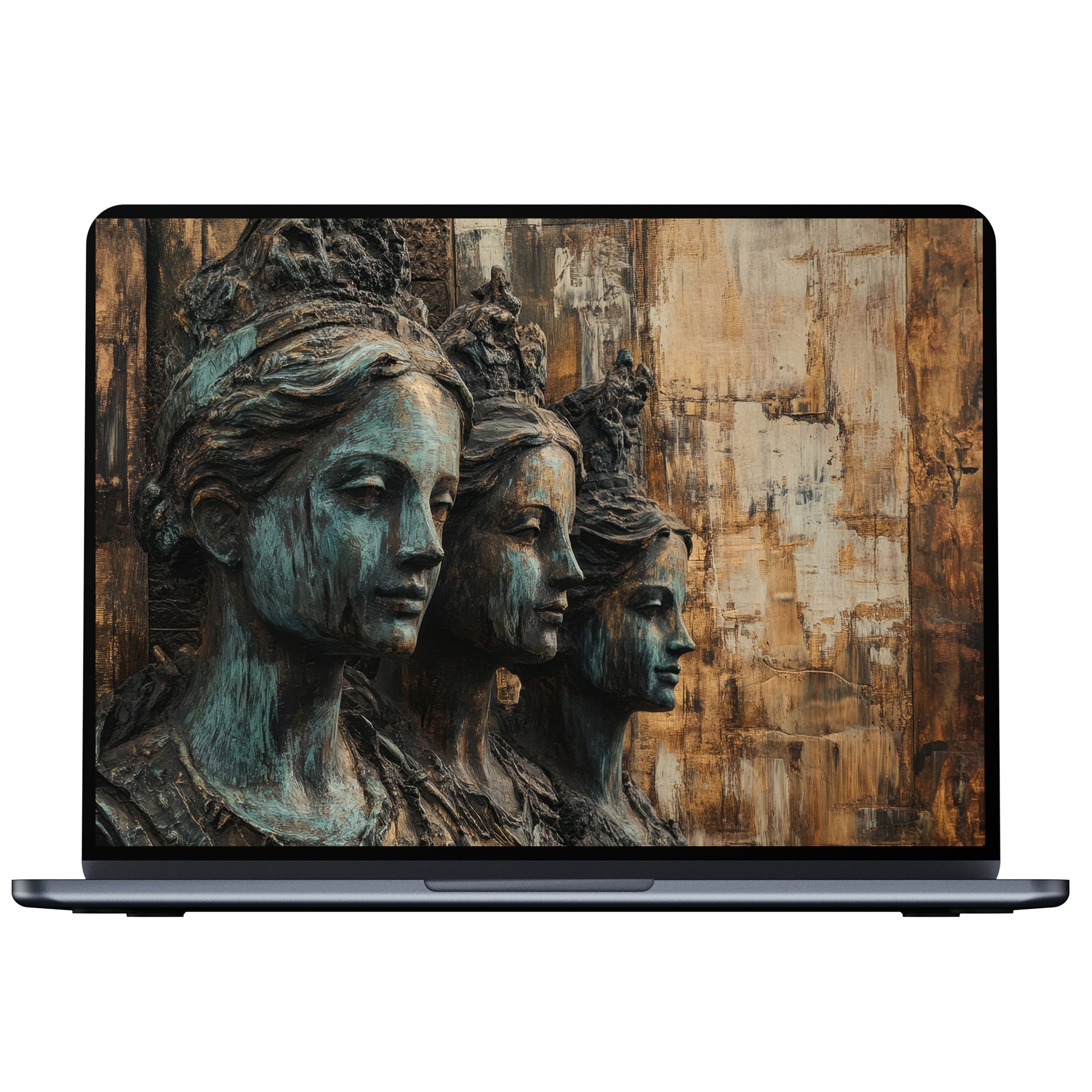 Boho desktop wallpaper featuring aged bronze sculptures against a rustic backdrop inspires calm elegance on any PC or laptop screen digital download