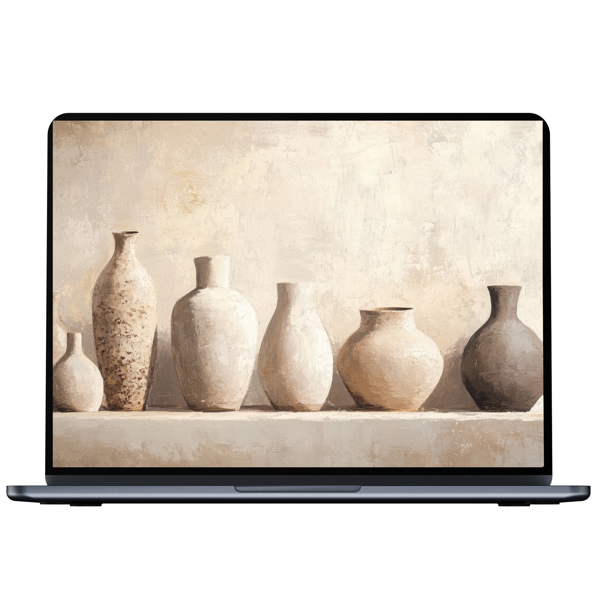 Elegant boho desktop wallpaper digital download featuring neutral-toned vases perfect fit for PC and laptop creating calming inspiration