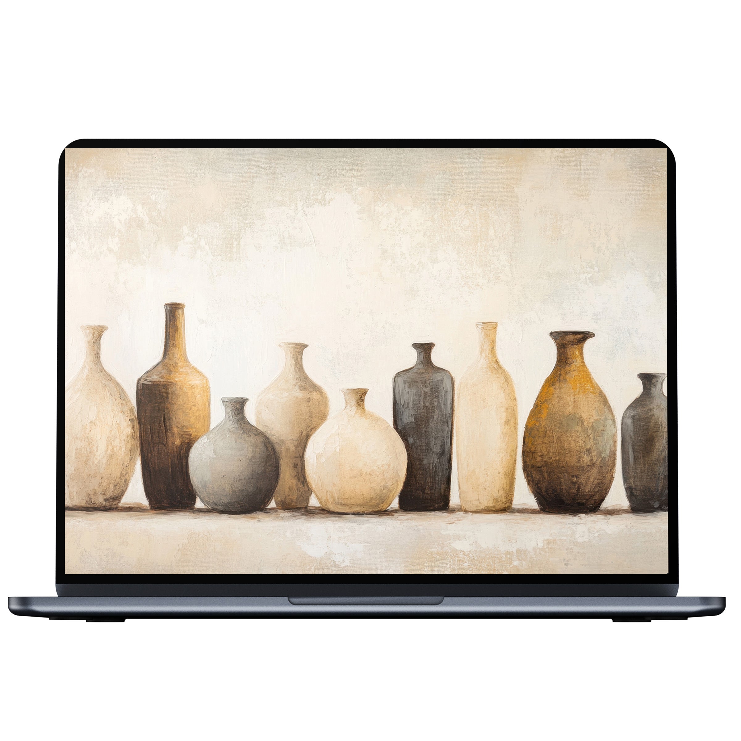 Elegant boho desktop wallpaper digital download with earthy vases in neutral tones offers calm inspiration for PC and laptop screens