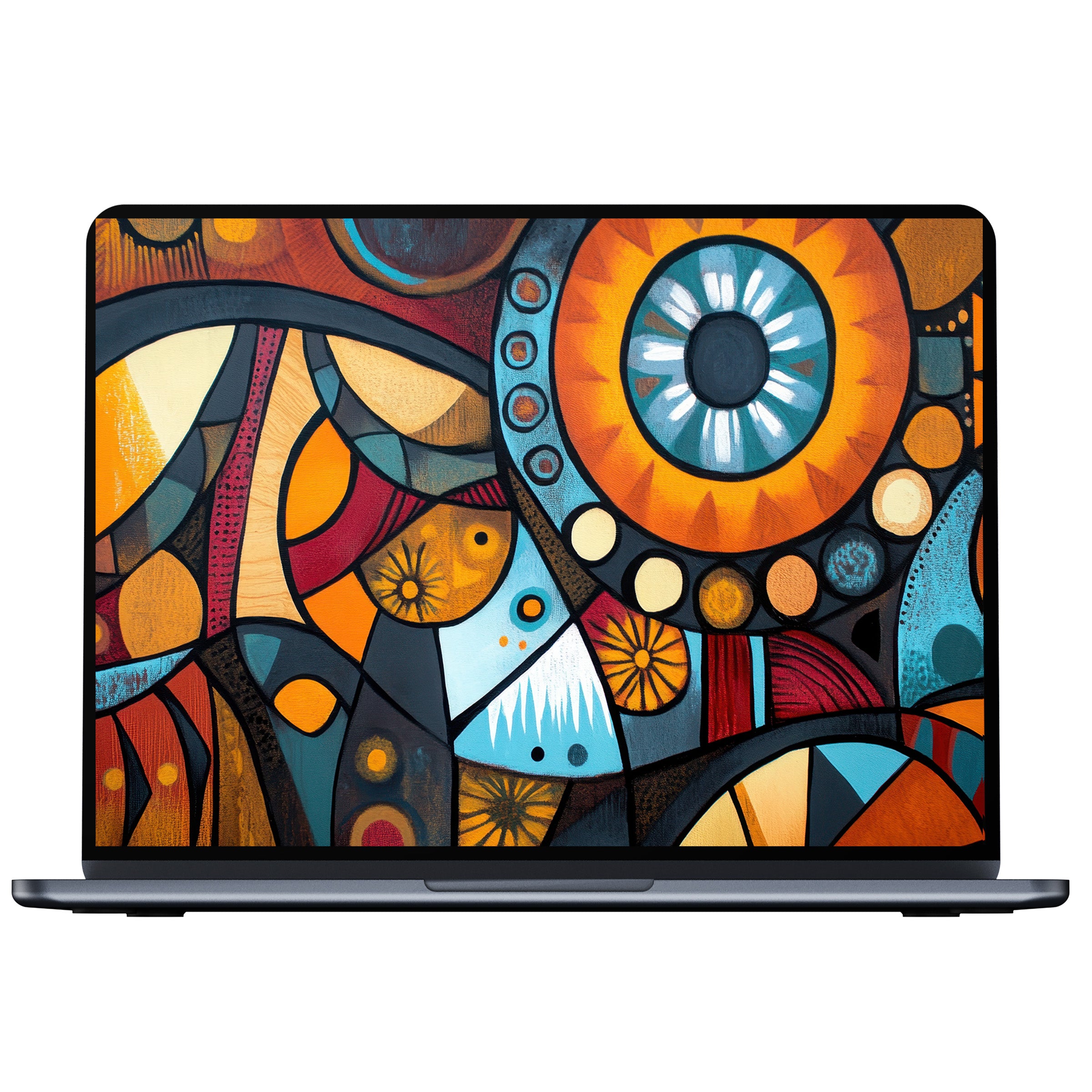 Elegant boho desktop wallpaper with vibrant abstract patterns in orange and blue digital download for PC Mac laptop screens