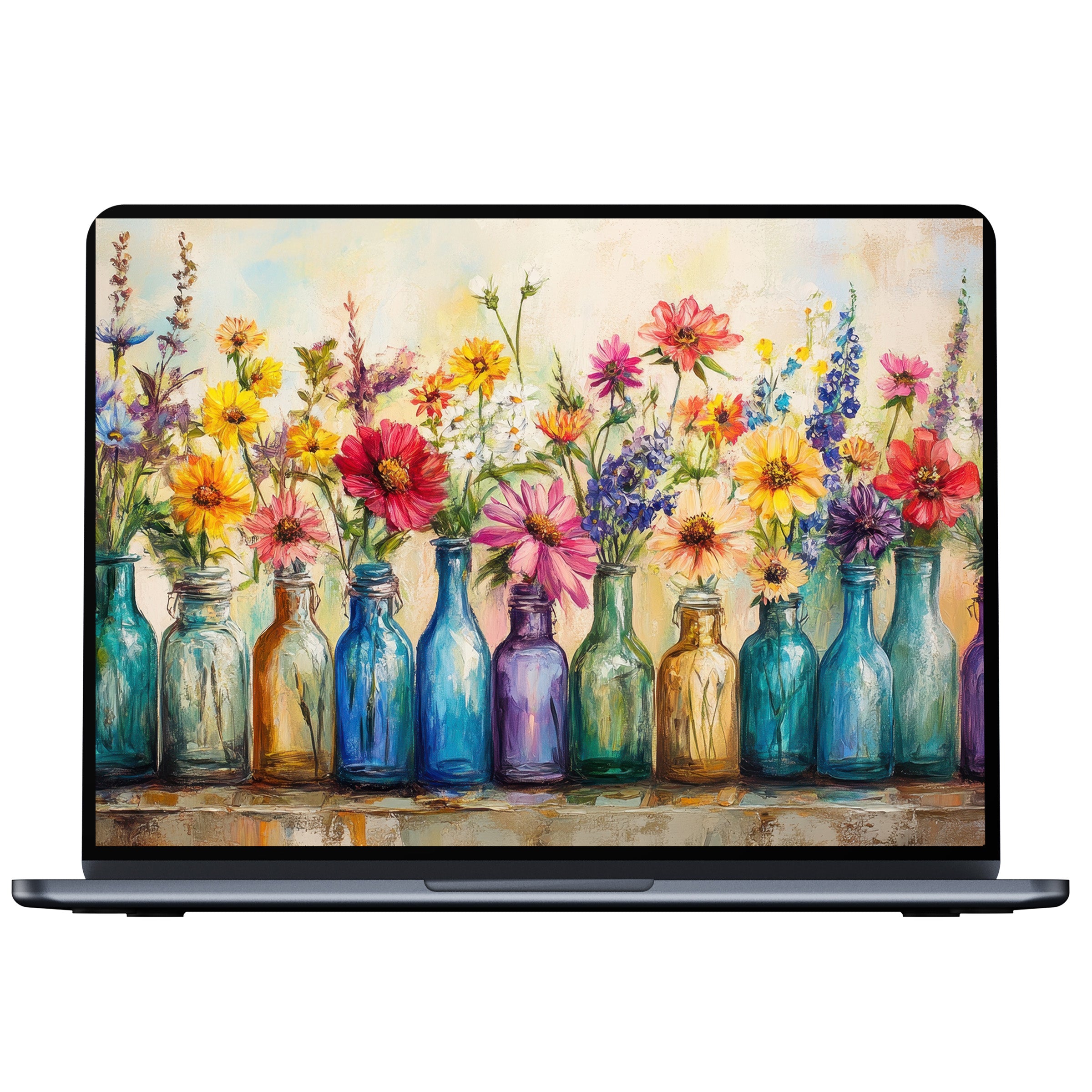 Boho desktop wallpaper digital download featuring colorful flowers in glass bottles evokes calm elegance for PC and laptop screens