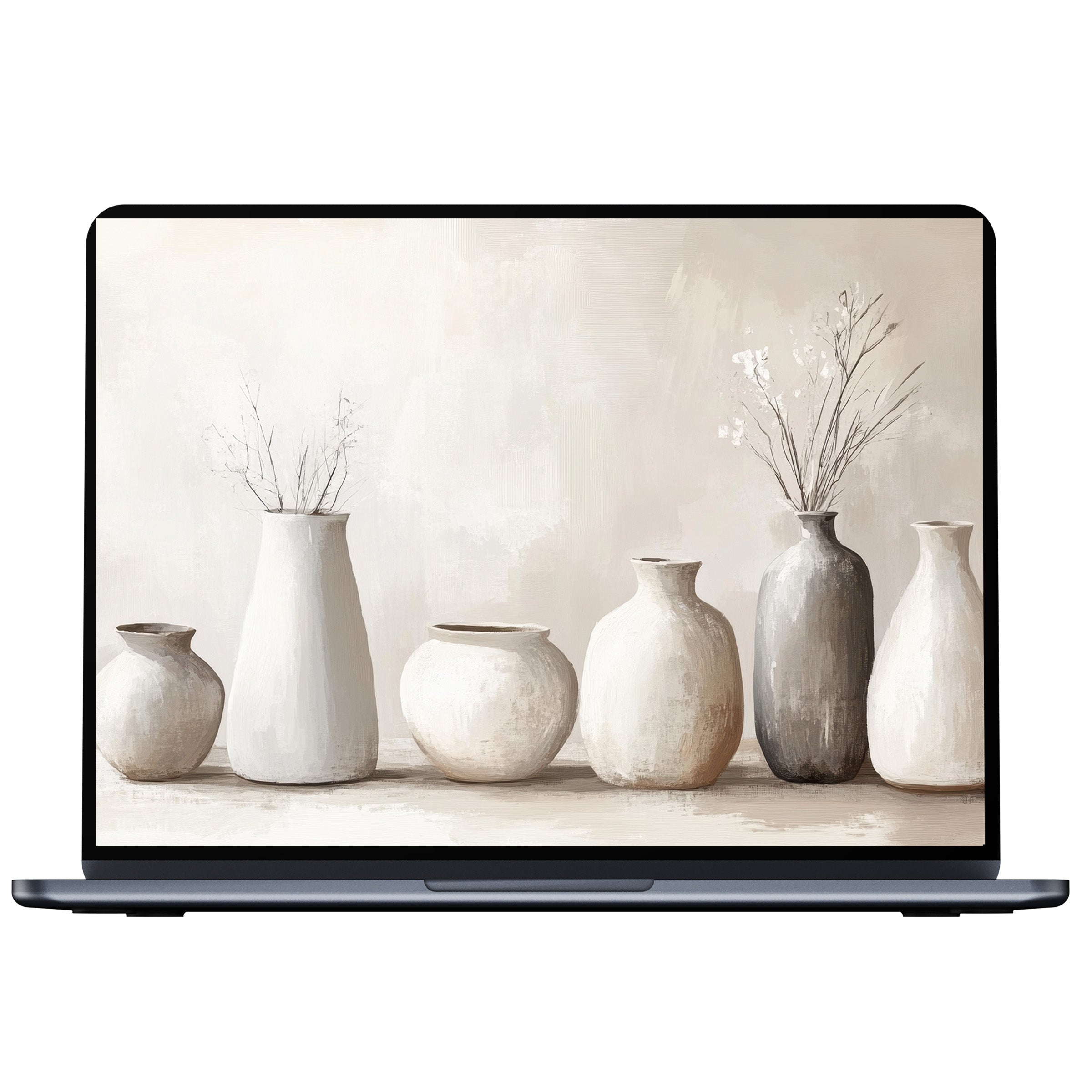 Boho desktop wallpaper digital download featuring serene neutral vases on textured canvas fits PC, Laptop, Mac inspiring elegance
