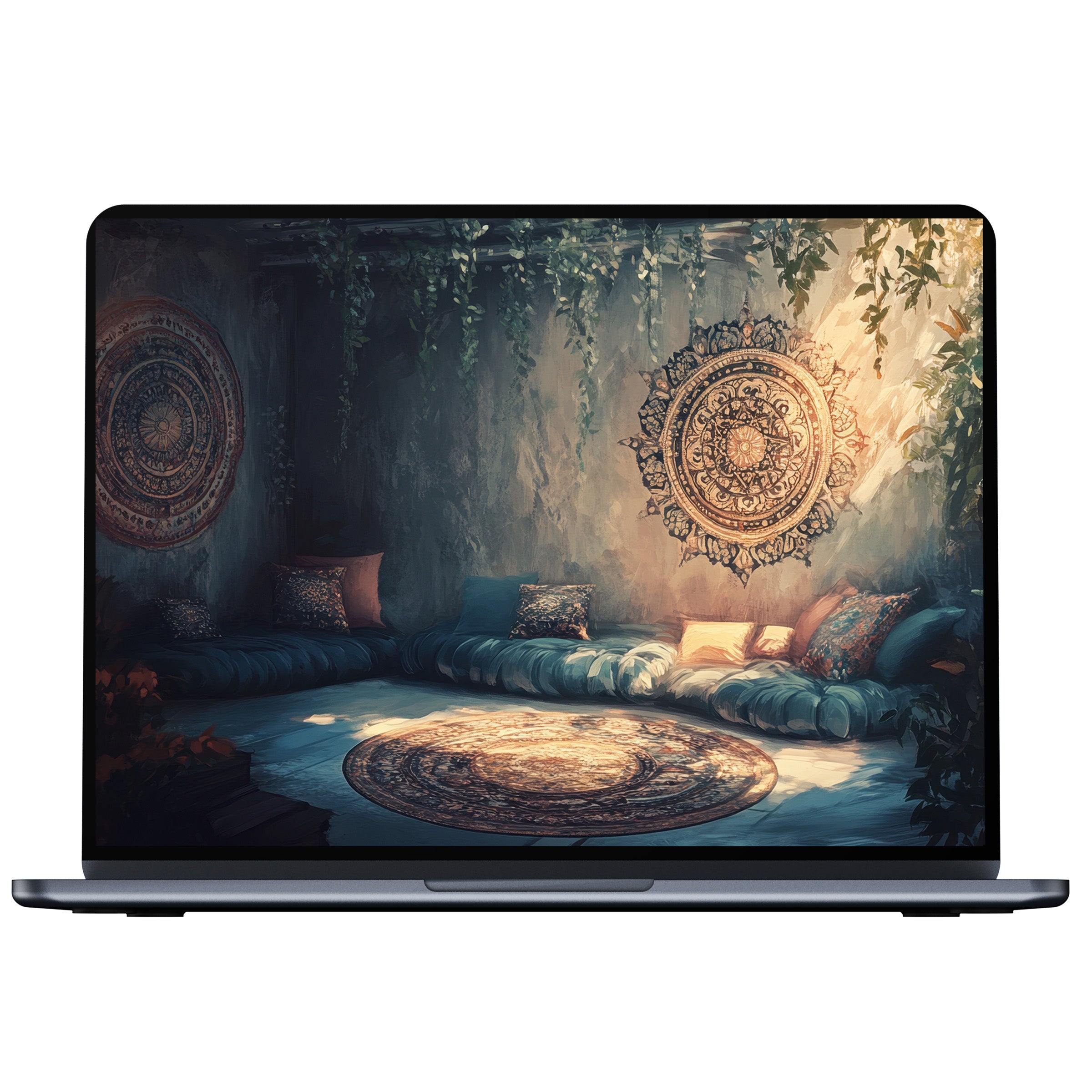 Boho desktop wallpaper digital download featuring earthy mandala patterns and cozy seating offers calm elegance for PC and laptop users