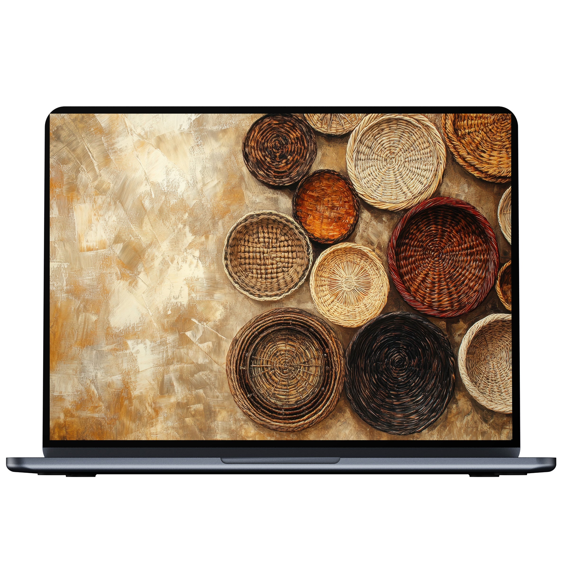 Boho desktop wallpaper featuring woven baskets in earthy tones for digital download enhances calm and elegance on PC or laptop screens