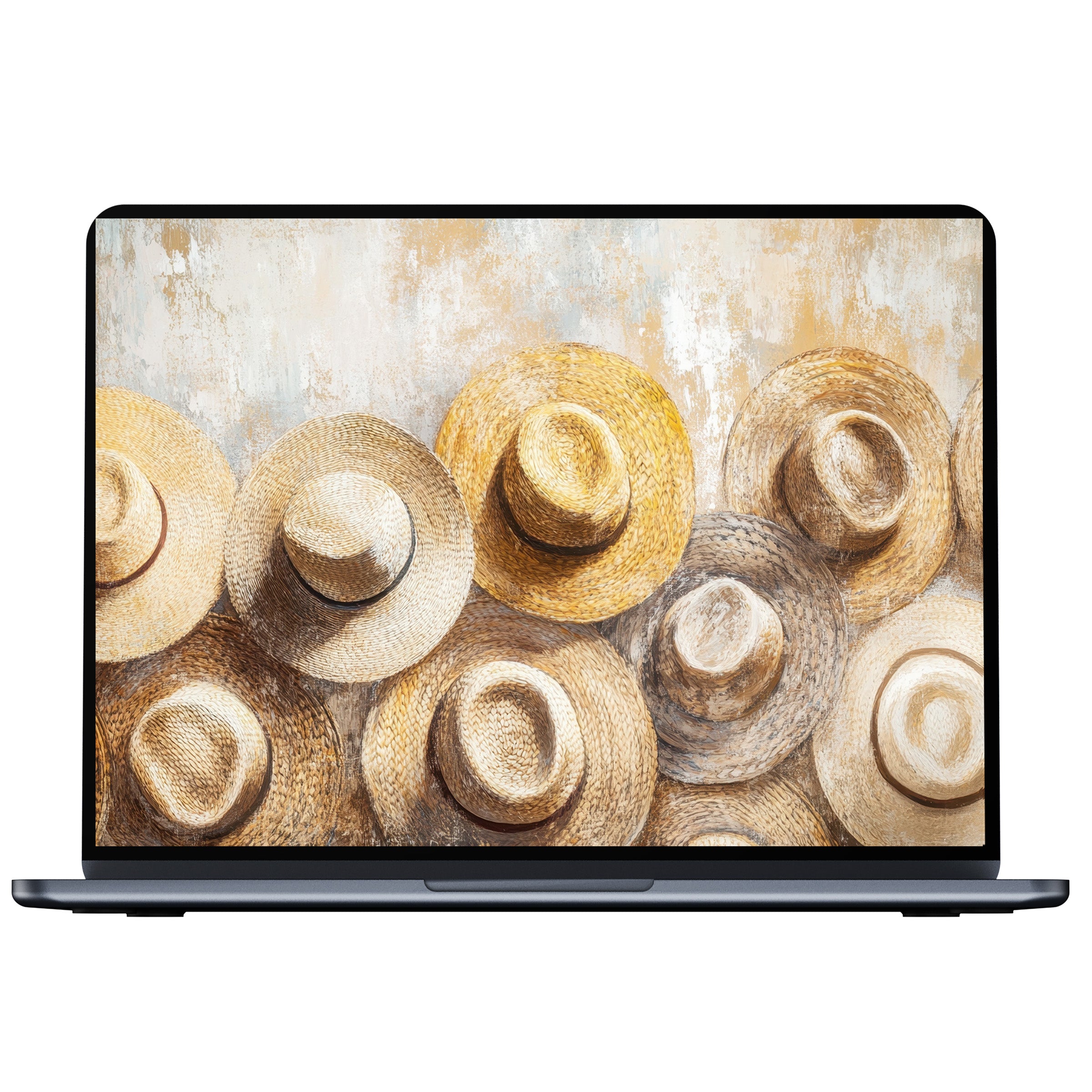 Boho desktop wallpaper featuring warm straw hats offers digital download for PC, laptop, and Mac users seeking elegance and calm mood