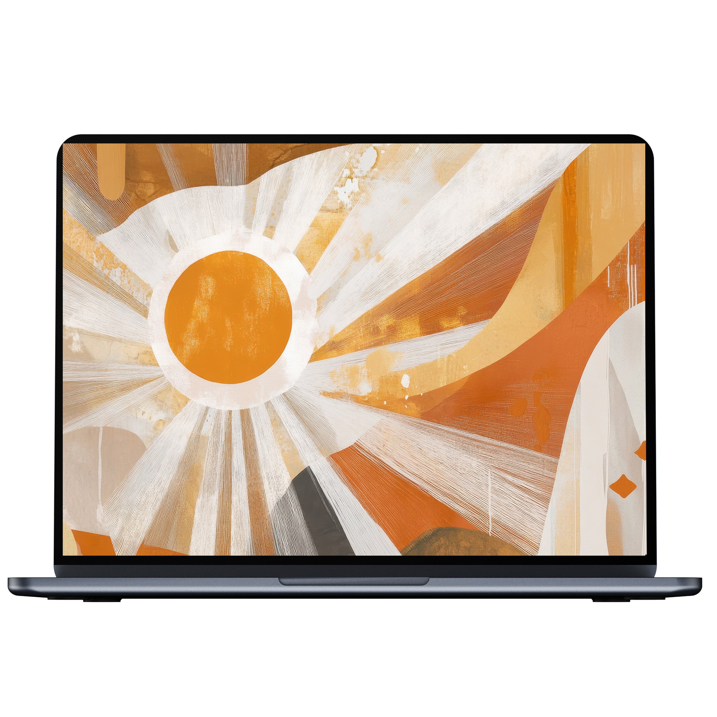 Boho desktop wallpaper with warm, earthy tones and abstract sunburst design for digital download inspiring calm on PC or laptop