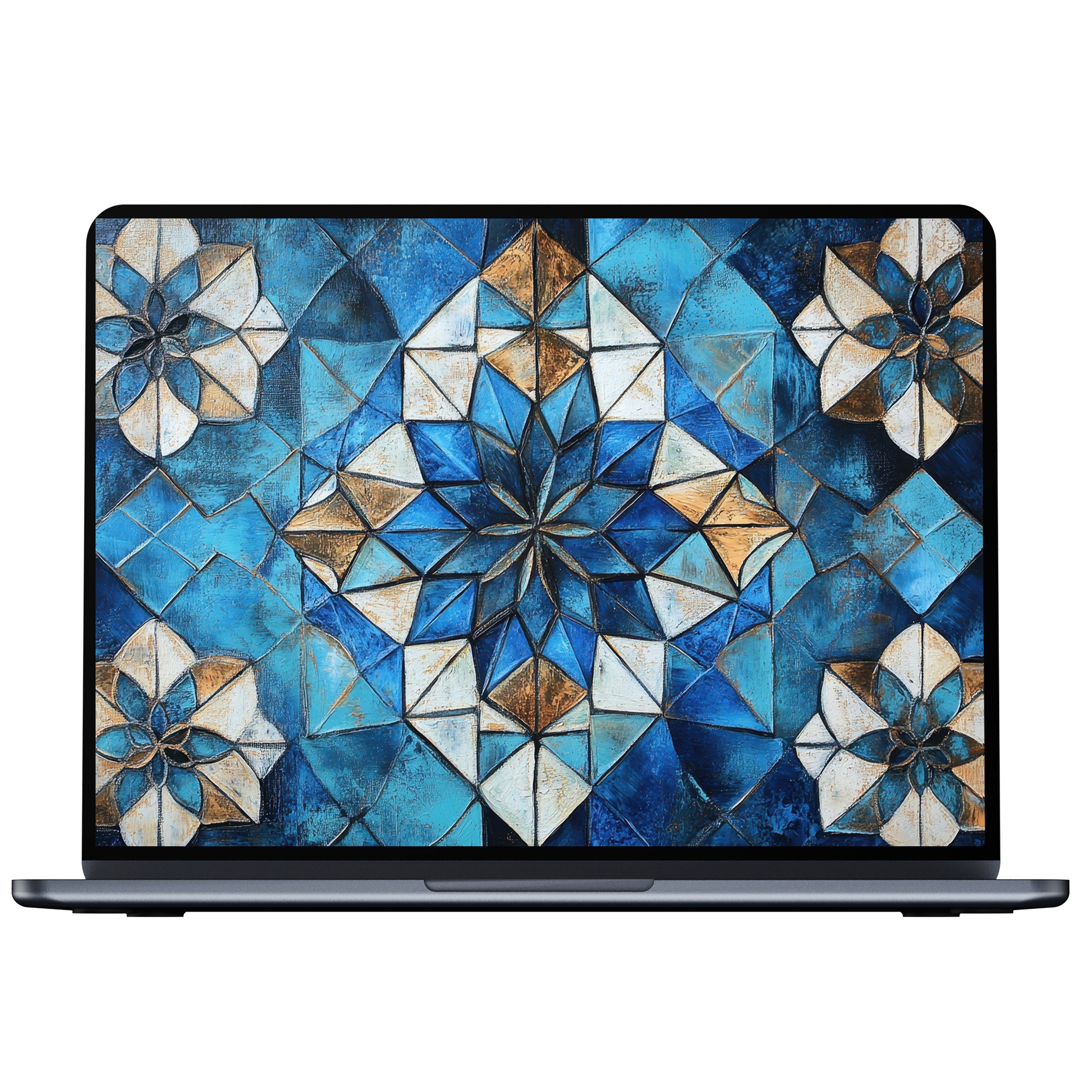 Boho desktop wallpaper featuring intricate blue and gold geometric patterns for digital download inspires elegance on PC and laptop displays