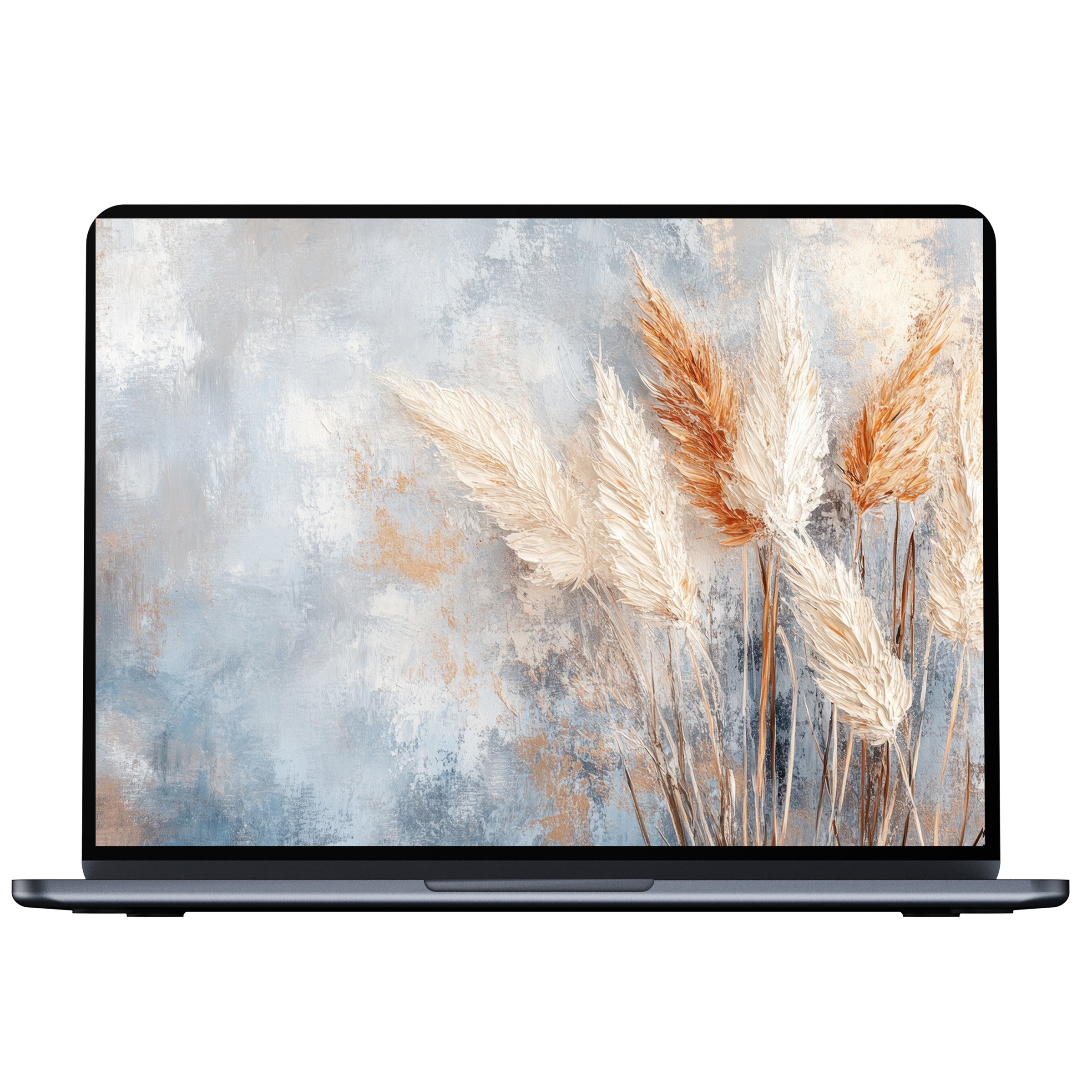 Boho desktop wallpaper with soft pampas against a textured blue and beige background, perfect digital download for PC or laptop bliss