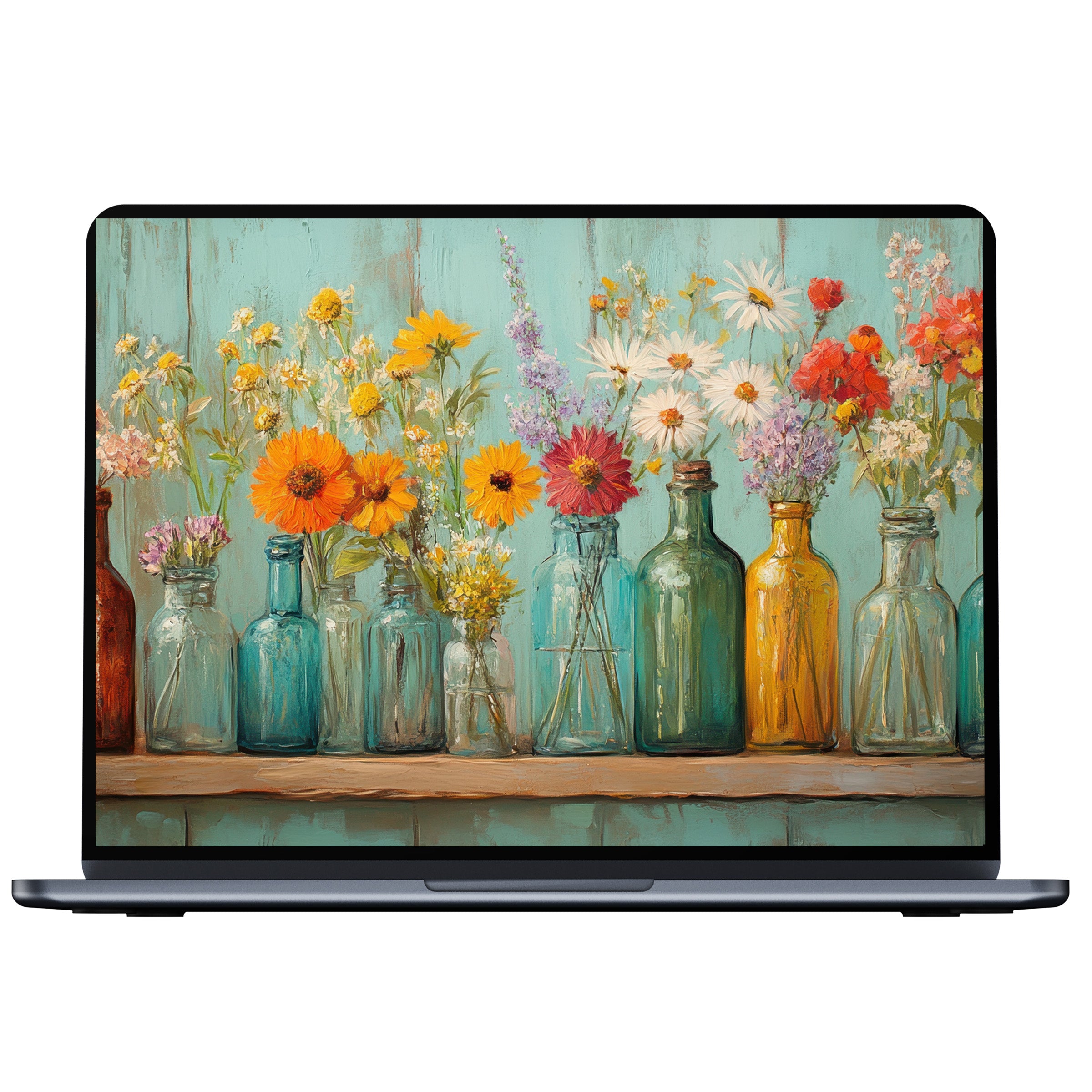 Boho desktop wallpaper digital download features vibrant wildflowers in glass bottles on turquoise, perfect for PC, laptop, or Mac use