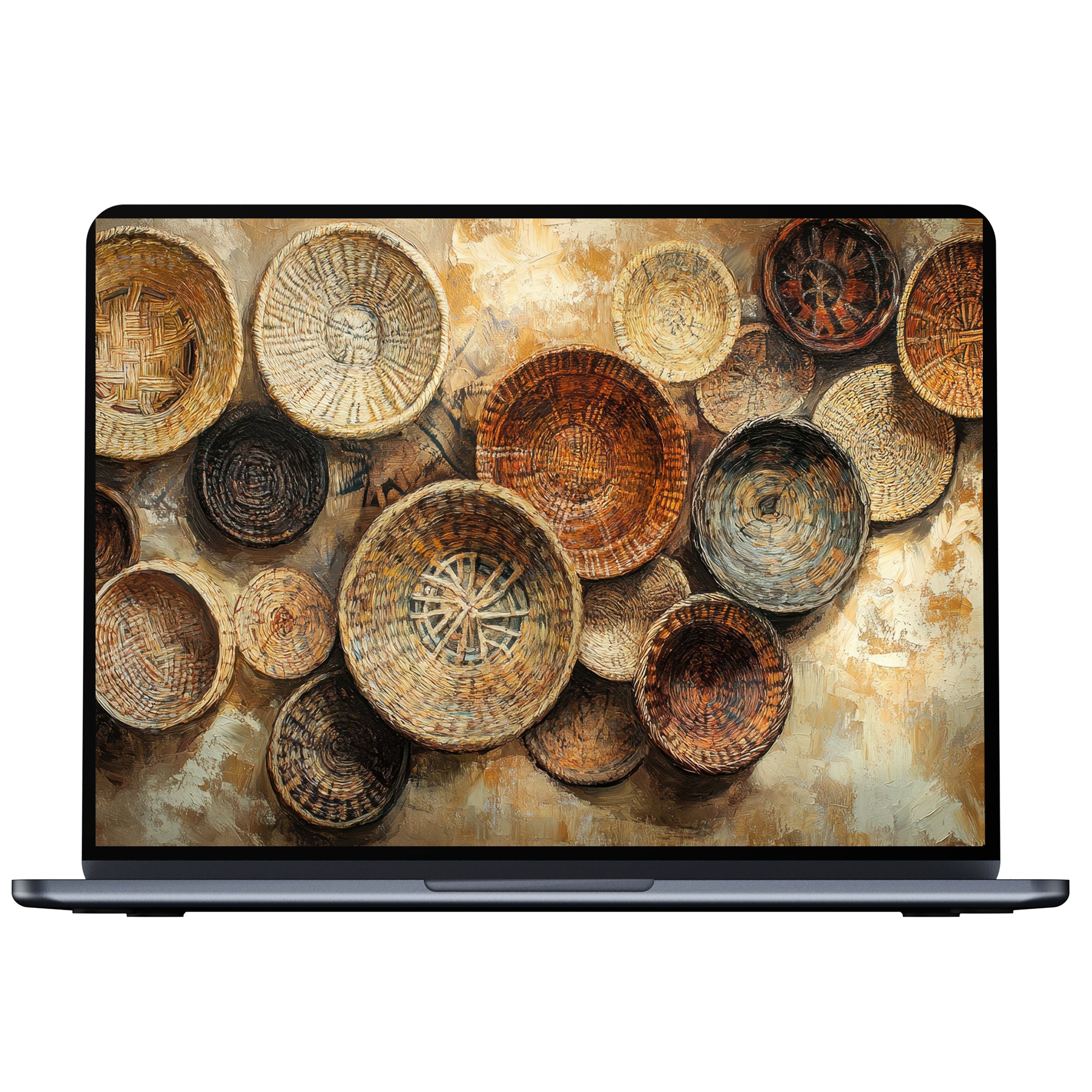Boho desktop wallpaper with woven baskets art offers calm elegance as a digital download for PC or Laptop creating inspiration