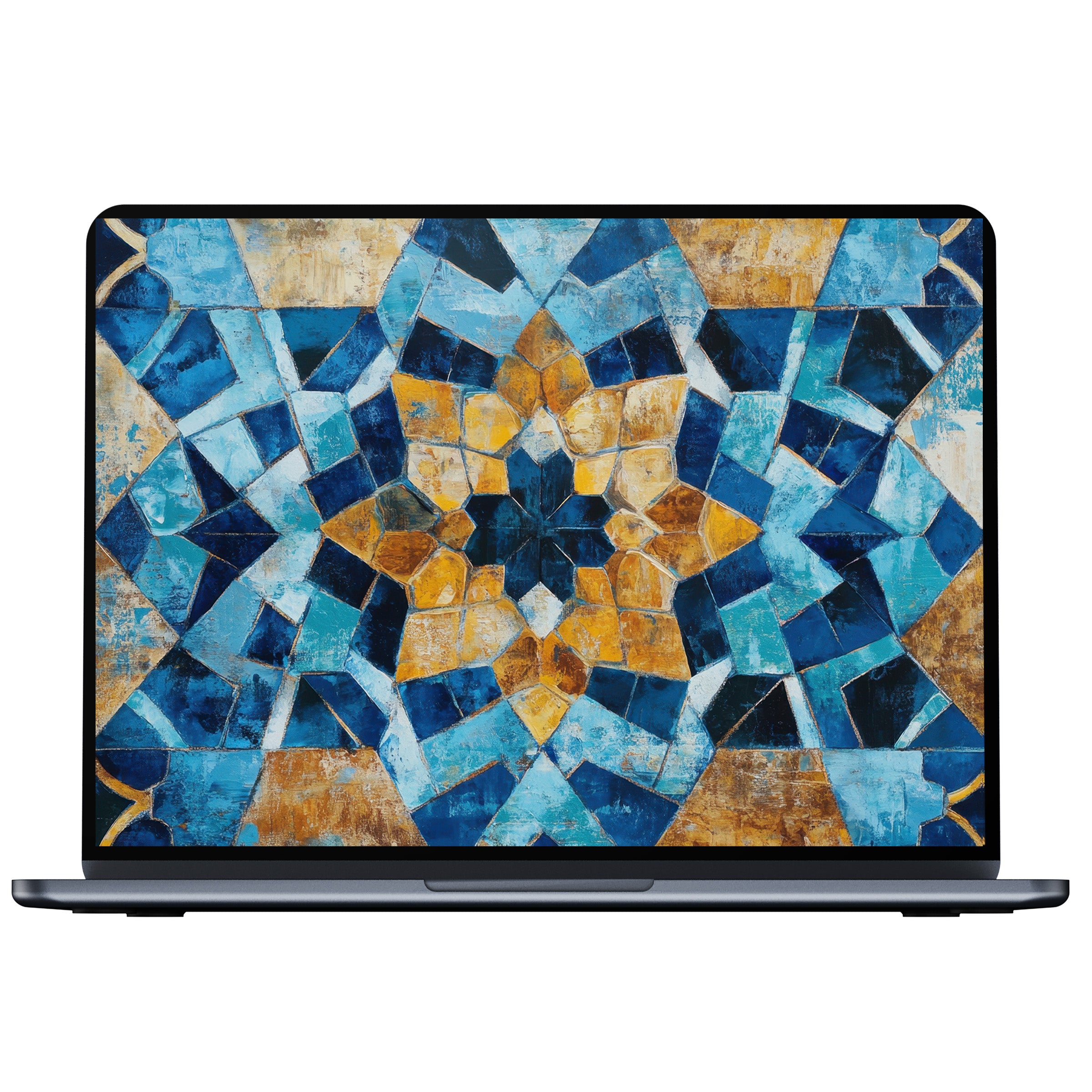 Boho desktop wallpaper featuring a geometric mosaic in blue and gold tones for digital download on PC or laptop adds calm elegance