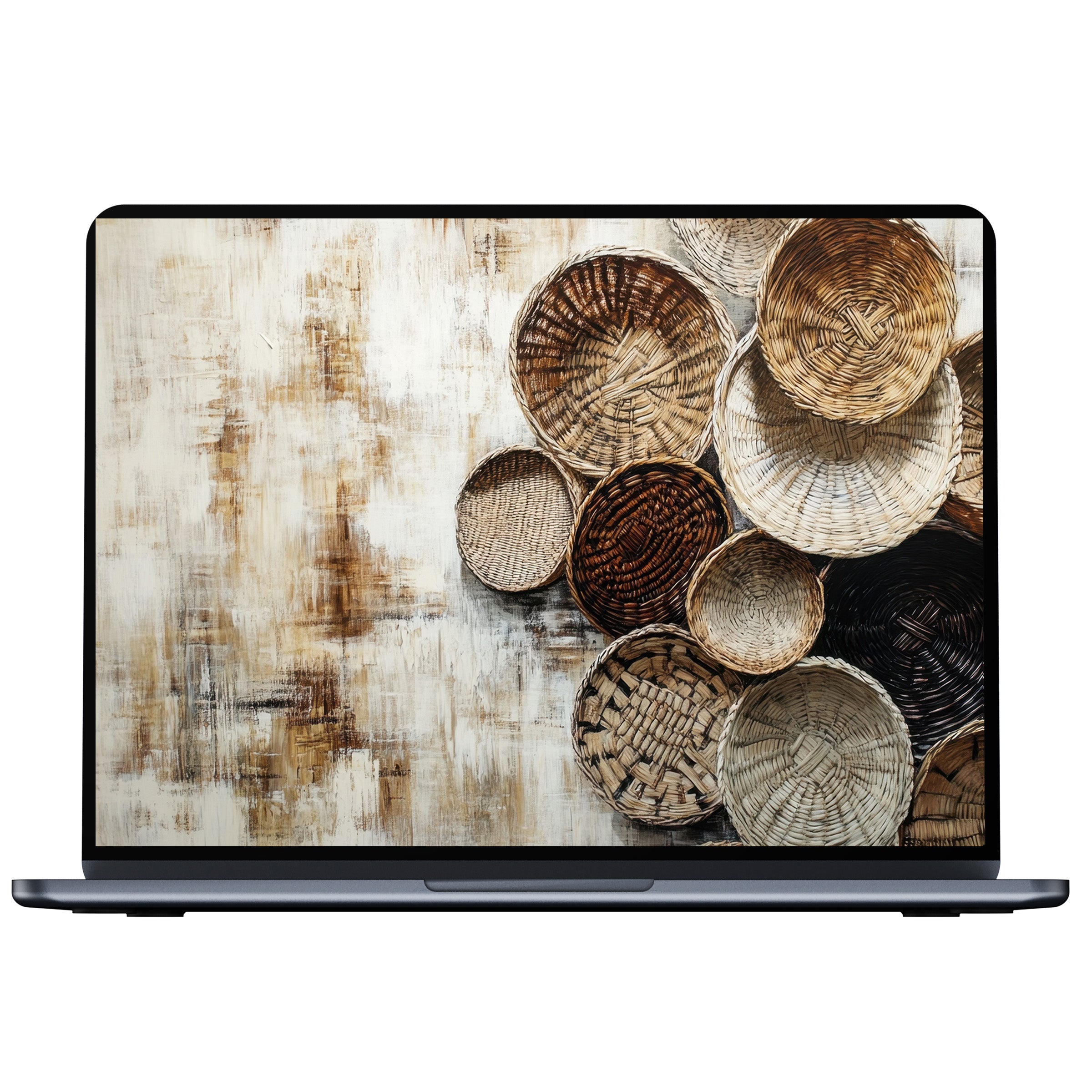 Boho desktop wallpaper featuring rustic woven baskets on a textured cream background digital download for PC or laptop elegance