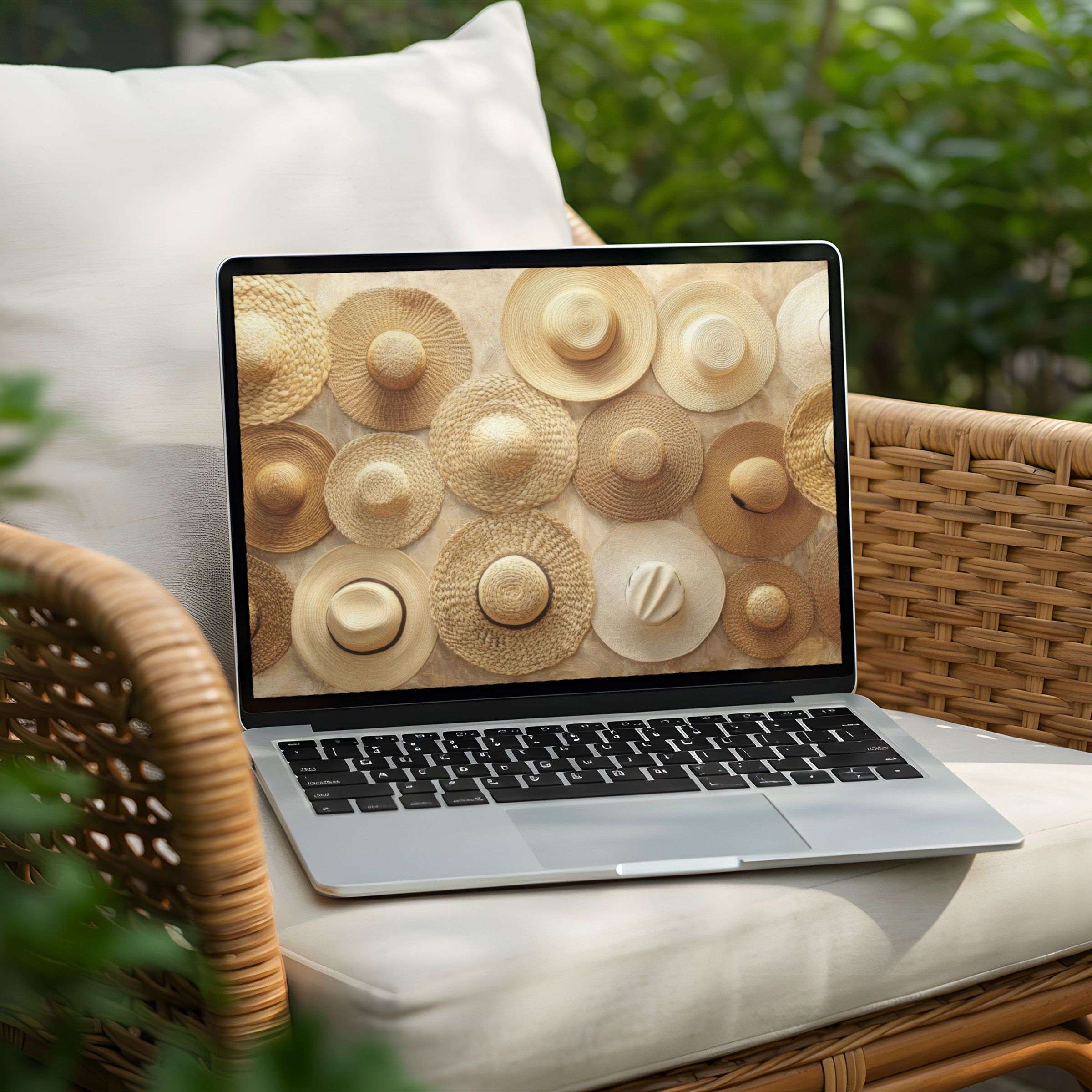 Elegant straw hats in muted tones create a calming desktop background for your PC or Laptop with instant download for inspiration