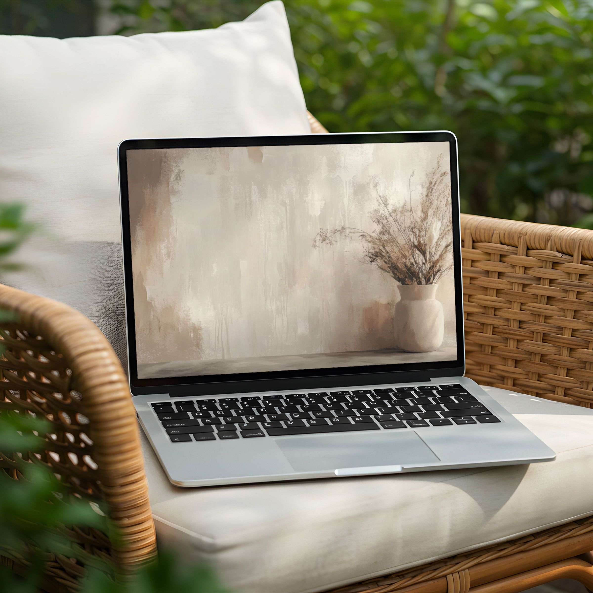 Serene and elegant desktop background for PC or Laptop featuring textured neutral tones and dried foliage for instant download to inspire mindfulness