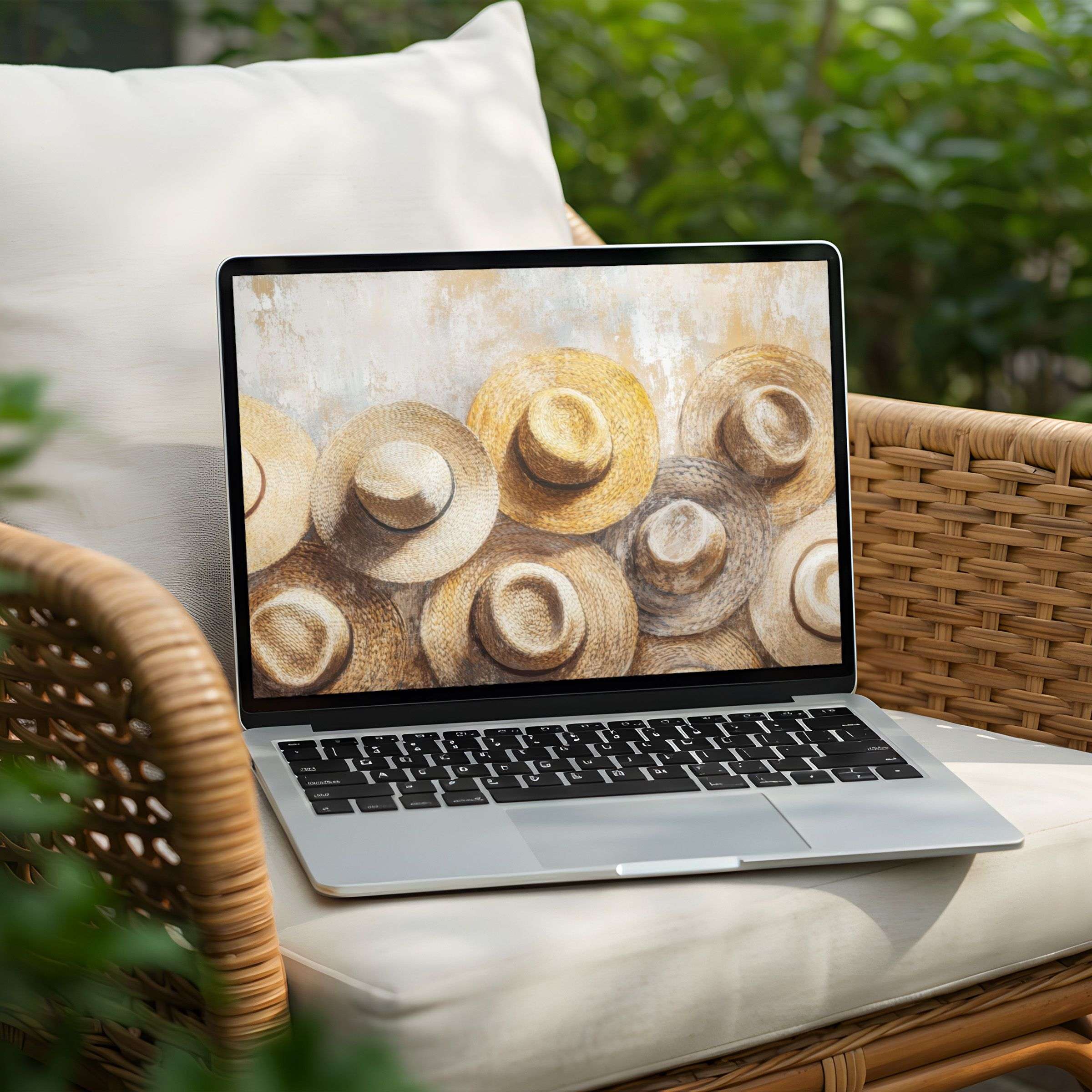 Elegant desktop background with soft tones of straw hats for PC or Laptop inspiring relaxation and calm instant download