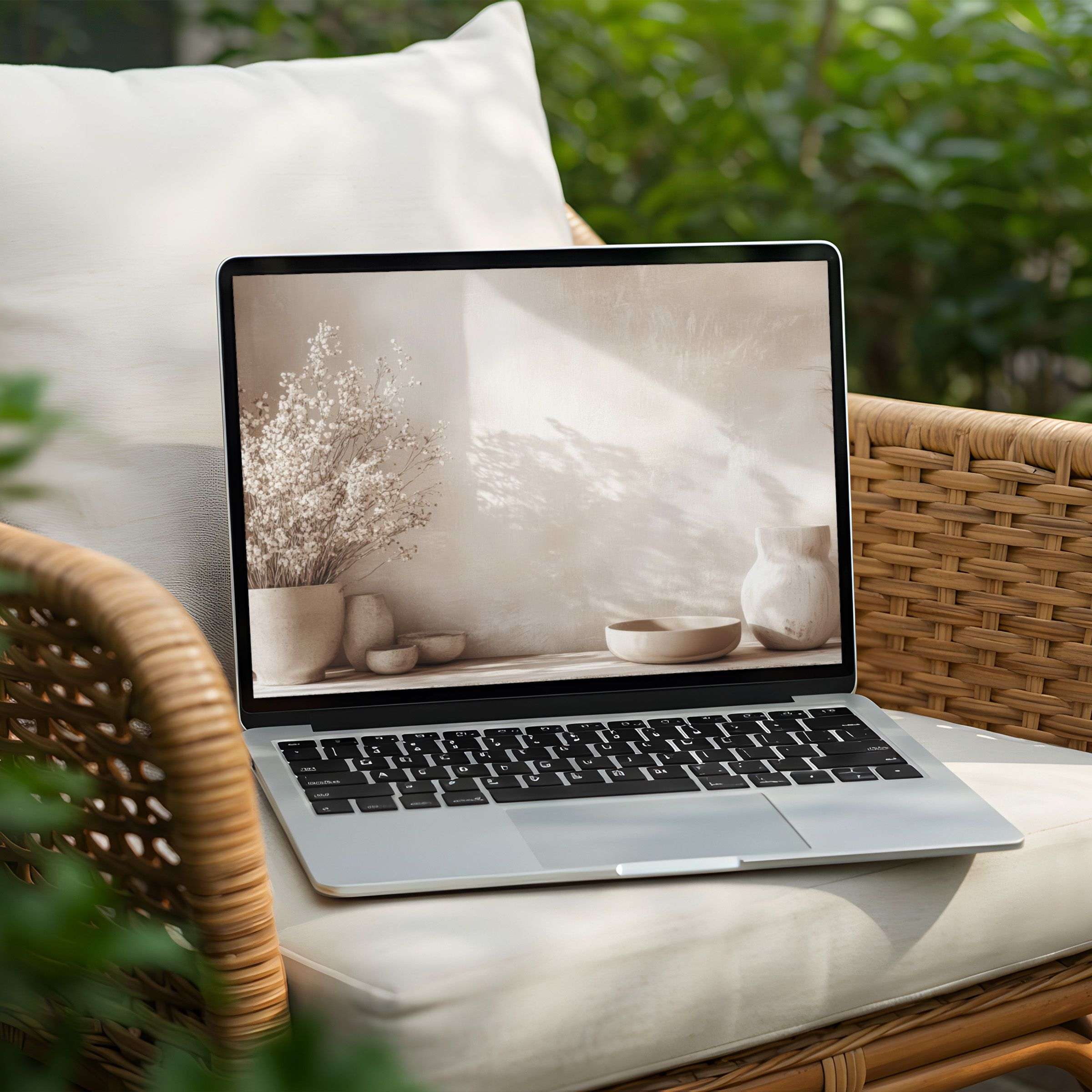 Elegant desktop background featuring serene neutrals and natural decor, perfect for PC or laptop instant download to inspire calm