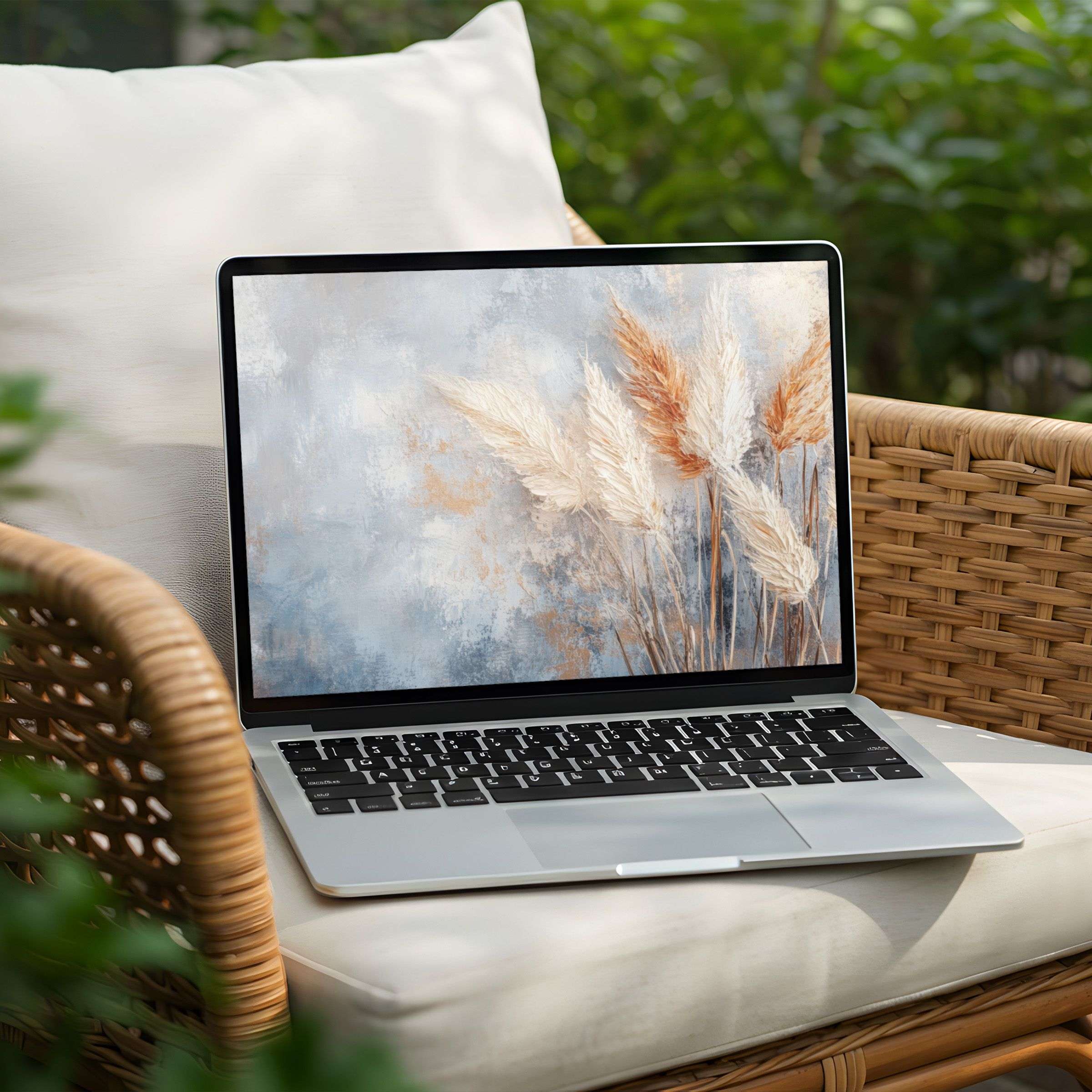 Elegant desktop background for PC or Laptop, featuring calming wheat art in soft pastels for instant download and mindful inspiration