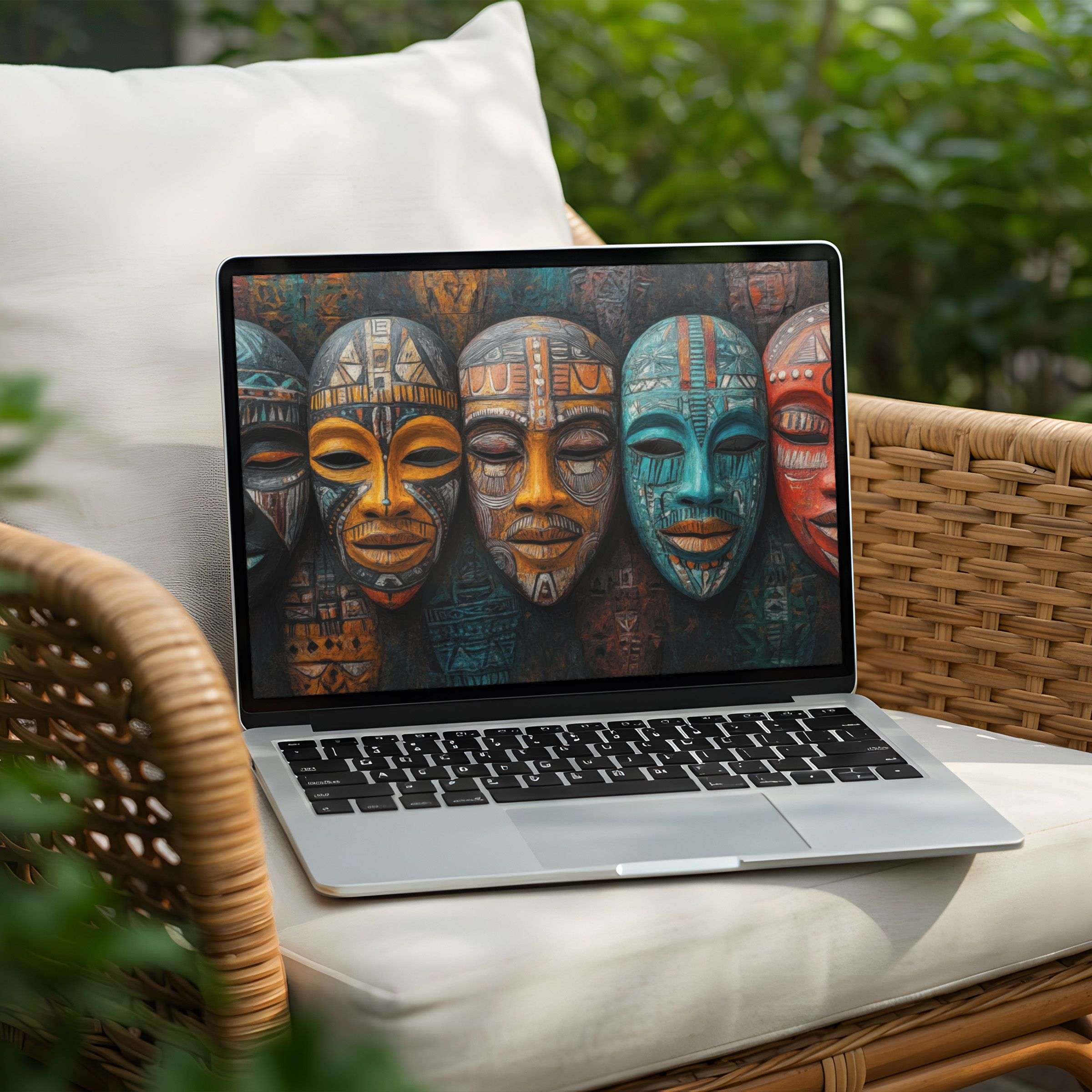 Elegant desktop background art for PC or laptop instant download evokes calm and inspiration with rich colors and tribal masks