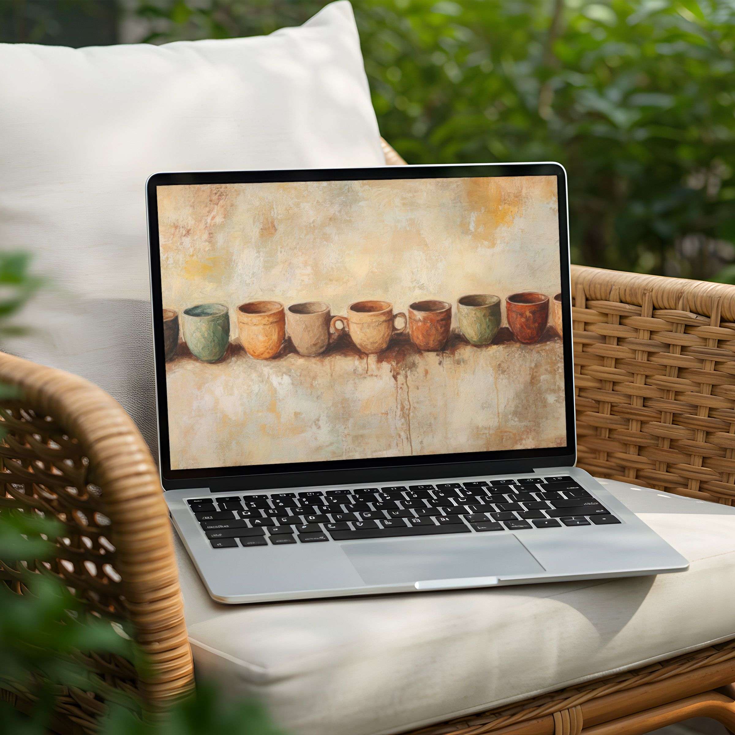Elegant desktop background featuring rustic mugs in earthy tones for instant download to inspire calm on your PC or Laptop