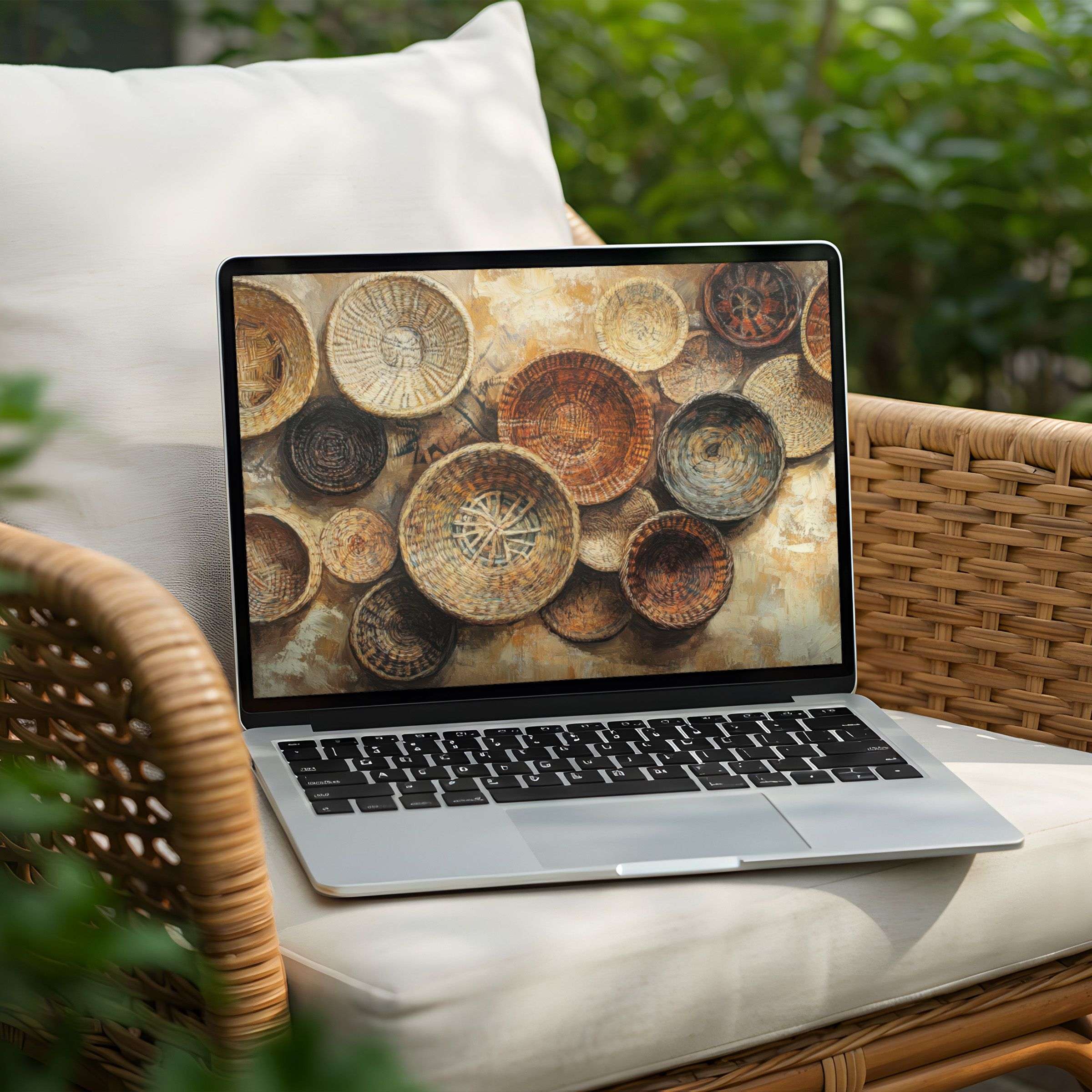 Elegant woven basket-themed desktop background on a laptop offering instant download for PC users seeking calm and natural aesthetics