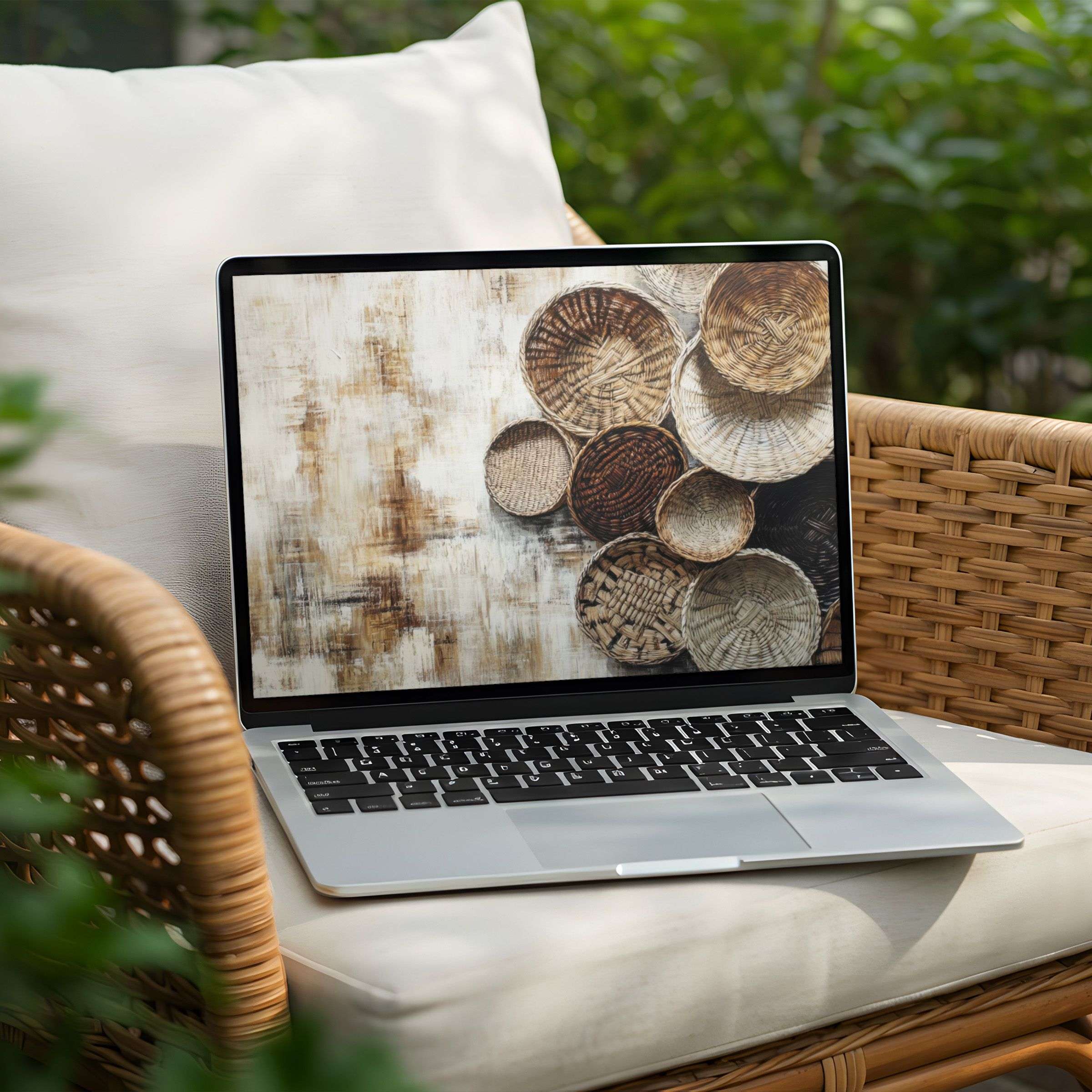 Elegant woven baskets on a serene desktop background for PC and Laptop, instant download for inspiring mindfulness and calm