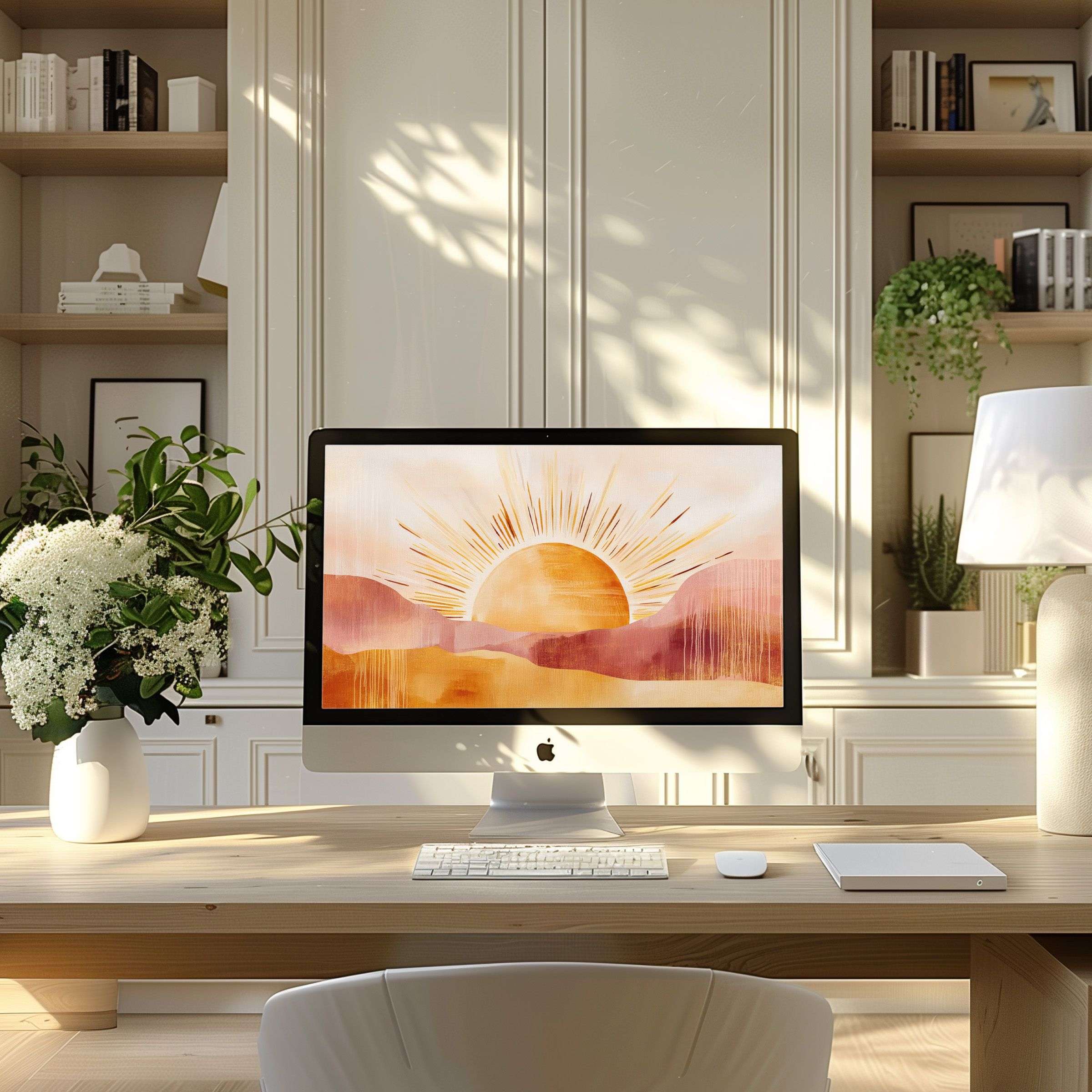 Elegant sunset digital art offers calm and inspiration as a wallpaper for computer, PC, or laptop in a modern home office setting