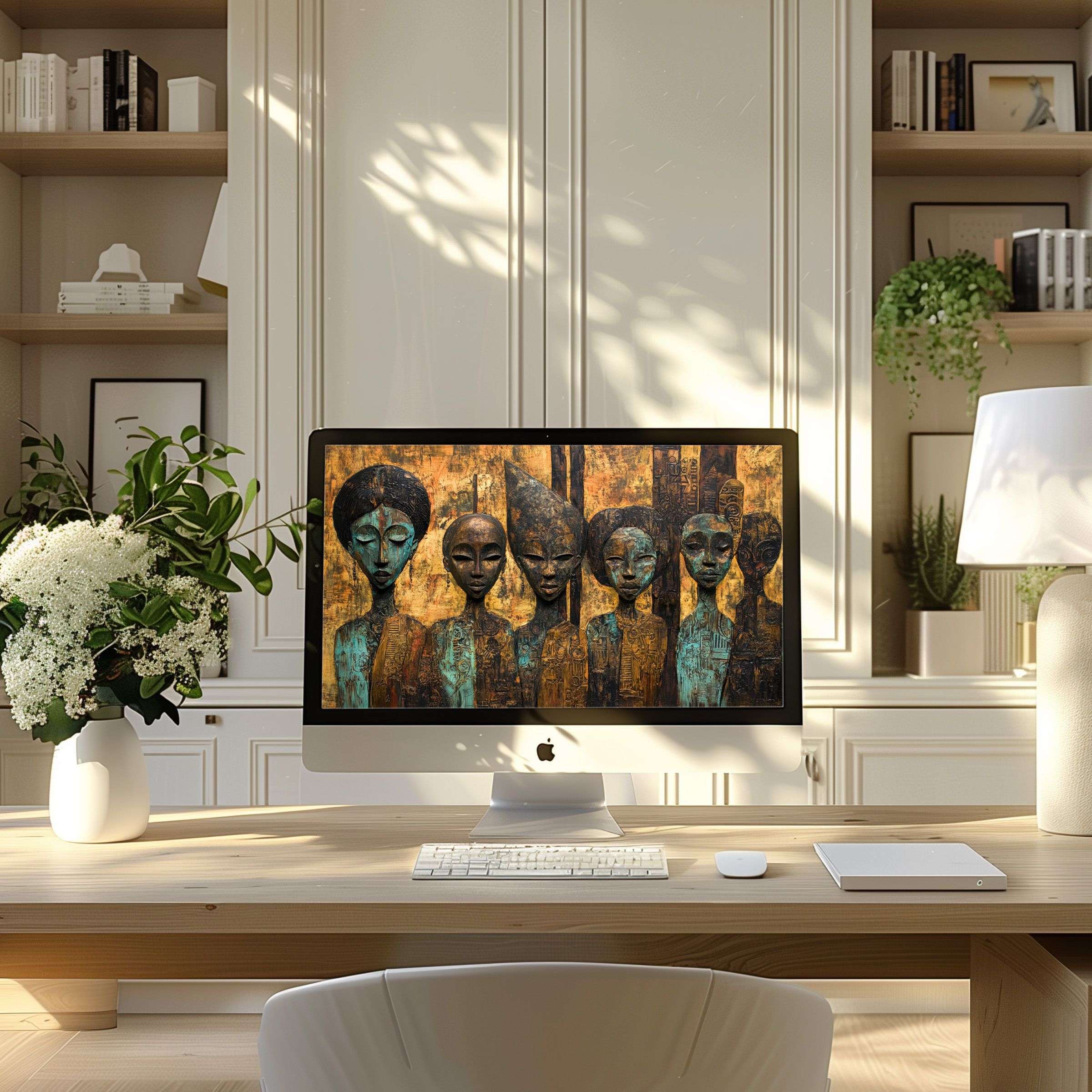Elegant digital art wallpaper for computer, PC, and laptop, inspiring calm with earthy tones in a modern home office setting