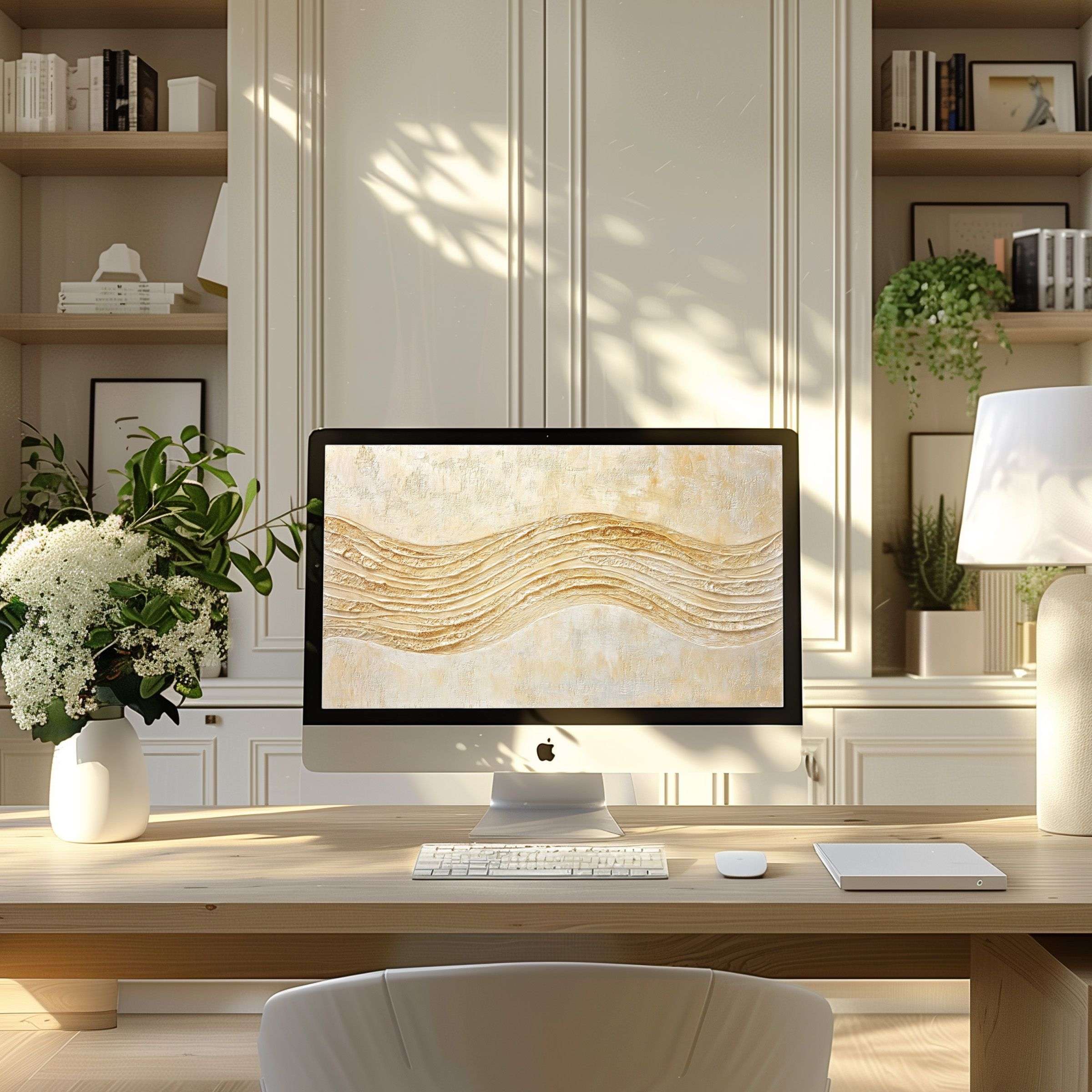 Elegant beige abstract waves in soothing digital art wallpaper for computer PC and Laptop enhancing modern office calm