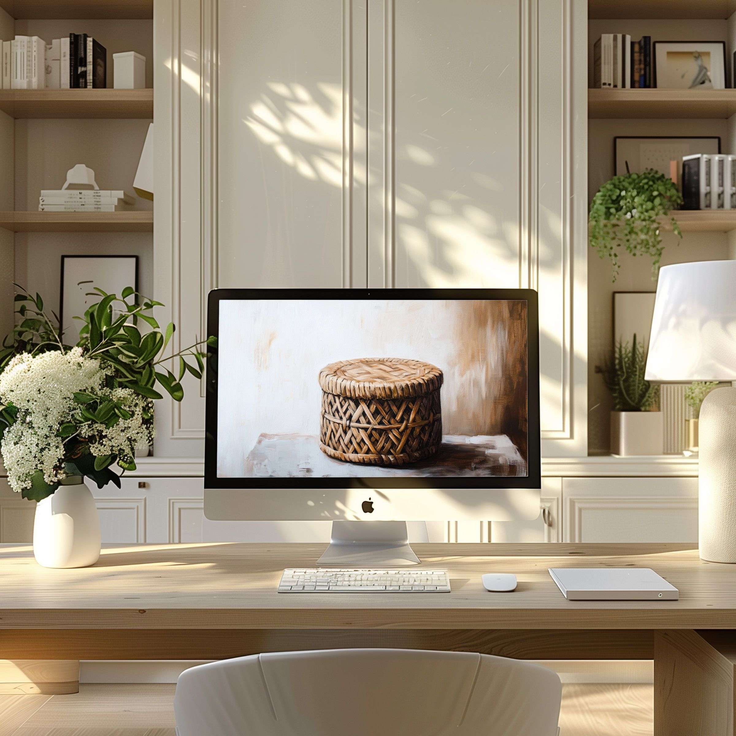 Elegant digital art wallpaper for computer, featuring a woven basket motif, enhances calm in modern PC or Laptop setups, ideal for home office